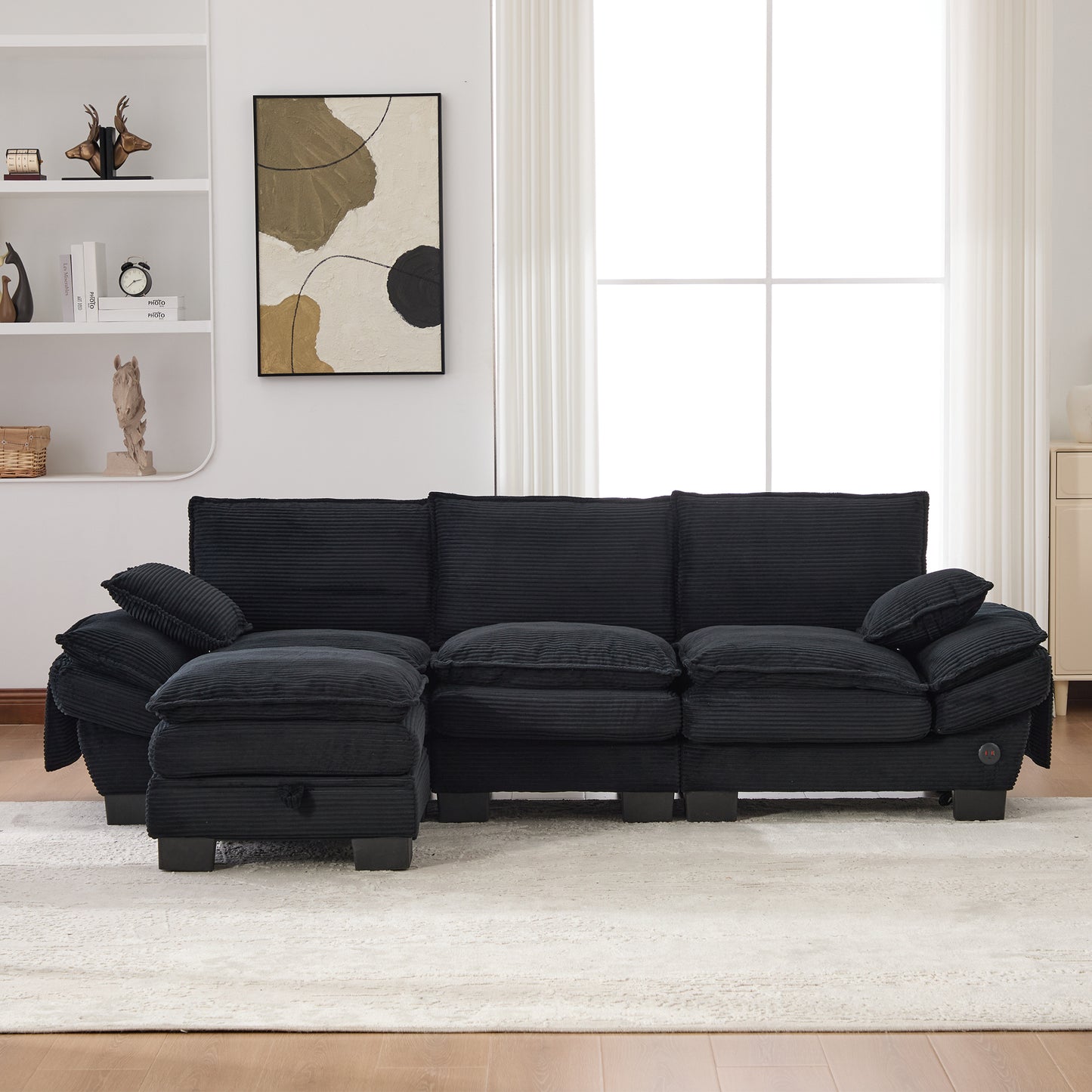Modular 3-seater Corduroy Sofa  With 1 Stool Wide Seat, Ergonomic Design, High-density Foam Padding, USB-C Port And Side Pockets. Ideal For The Living Room, Office Or Lounge.Black