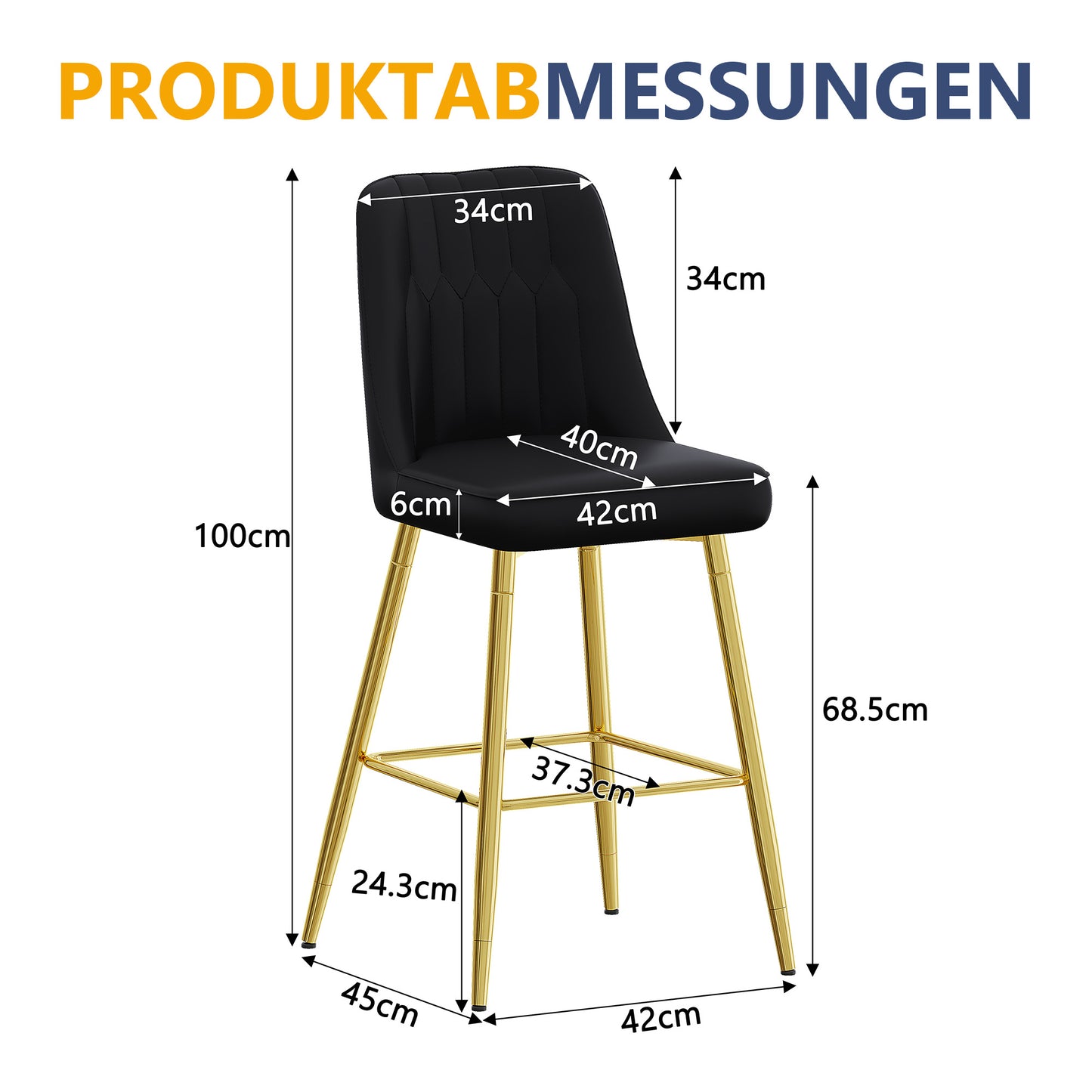 Set Of 2 Bar Stools, Height 100 Cm, Black PU Leather With Gold-coloured Metal Frame And Comfortable Footrest. Available In Several Colours  The Ideal Choice For Your Home Bar.