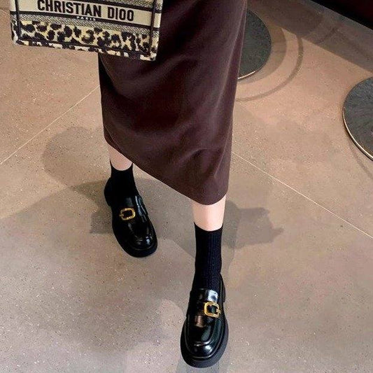 Women One Strap Square Buckle Platform Block Heel Loafers, New Slip-on Square Round Toe Leather Shoes
