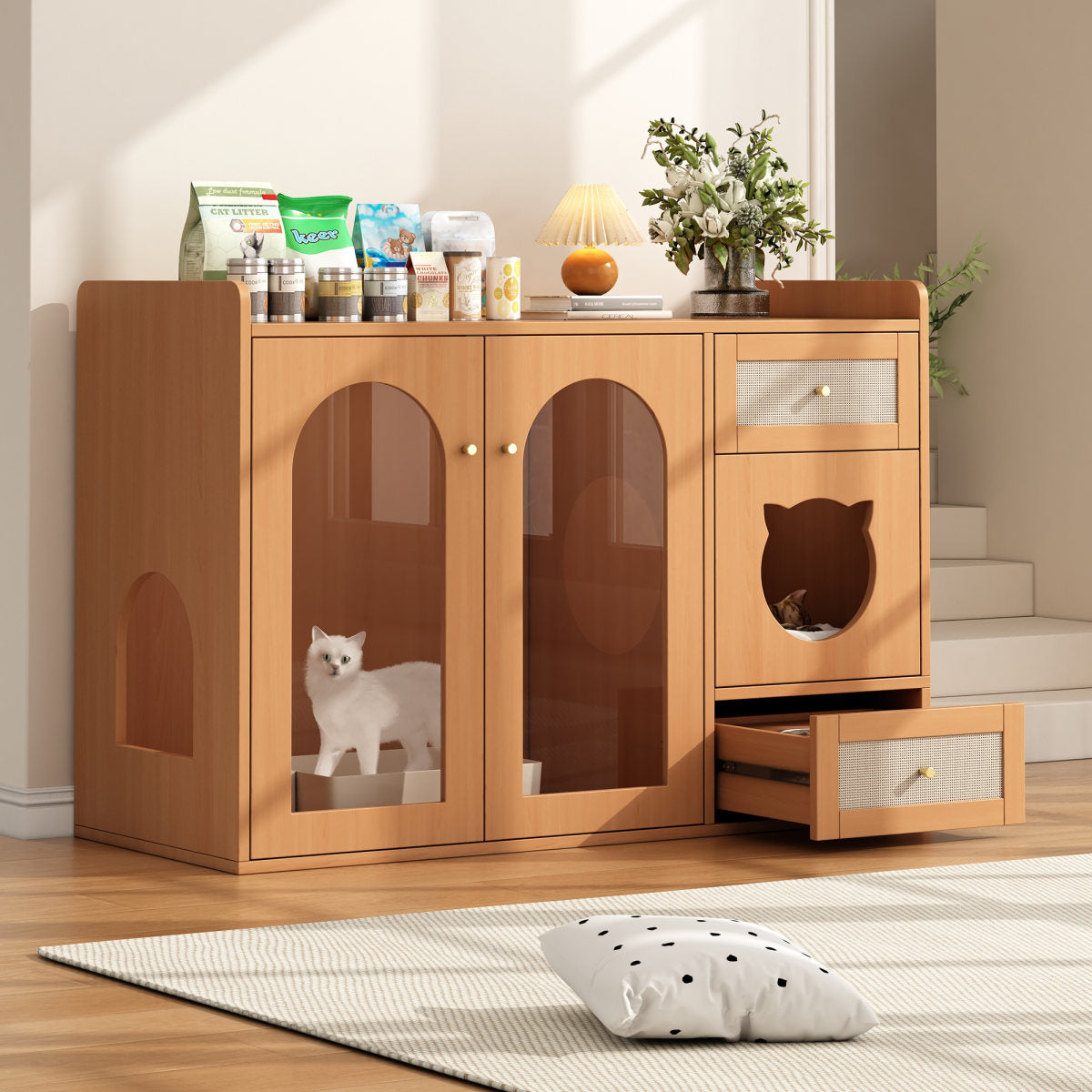 Multi-purpose Cat House & Litter Box Cabinet  Pet-friendly Side Cabinet With Food Bowls, Cat Rest Room, Storage Area  Without Litter Box & Cat Cushion , Walnut Colours, 120x45x83 Cm
