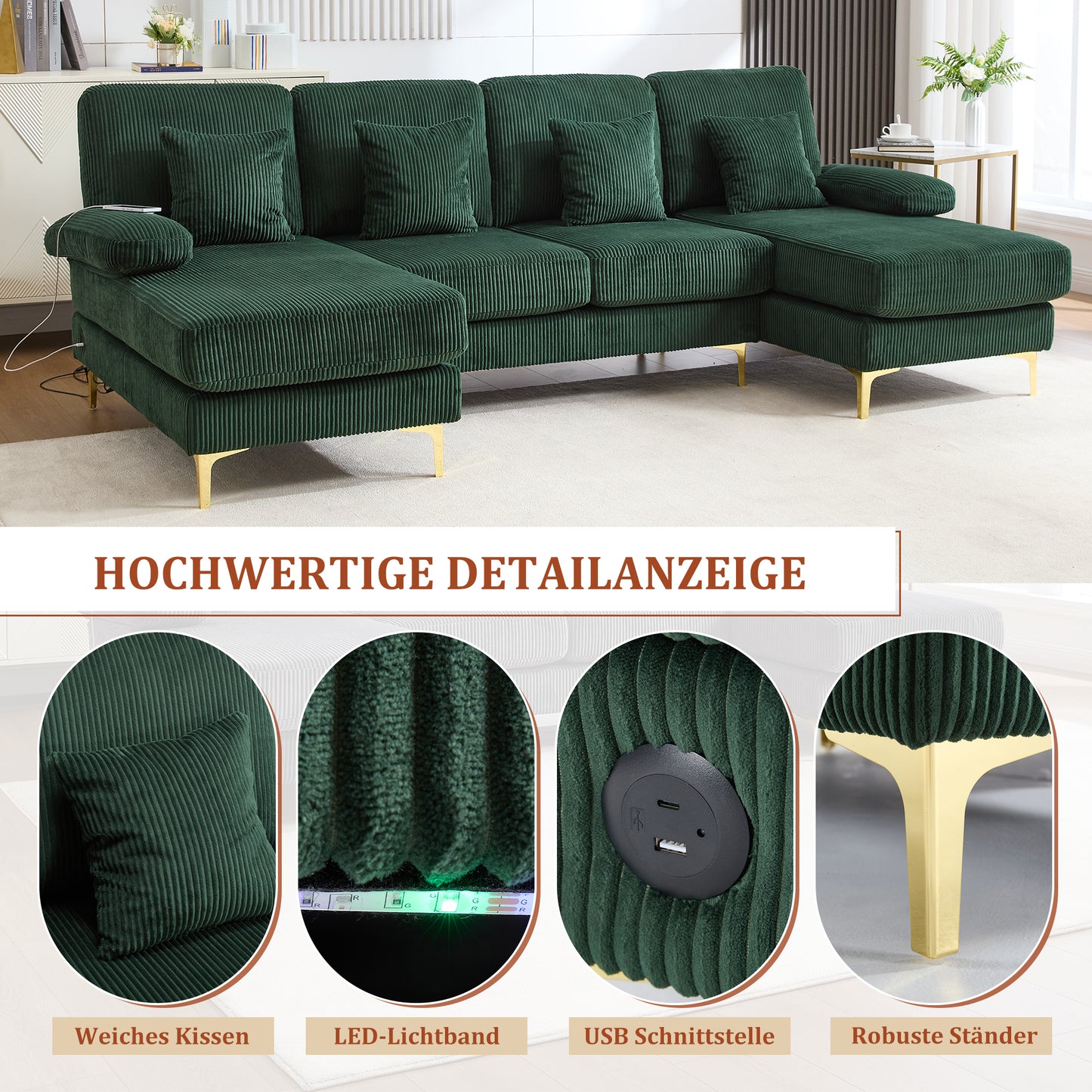 Modern U-shaped Sofa With LED Ambient Lighting & The USB-C Port Solid Wood Frame, 4 Luxurious Cushions & Ergonomic Premium Backrest For Maximum Comfort, Dark Green
