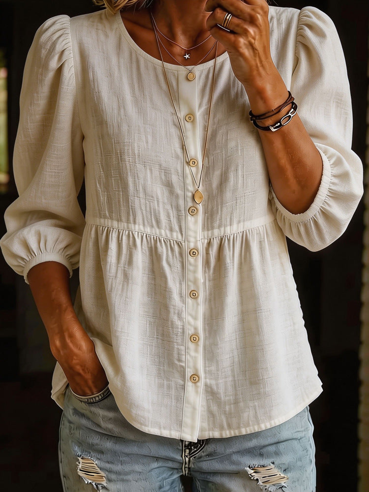 Casual Fashion Solid-Color Three-Quarter-Sleeve Crew-Neck Button-Down Shirt