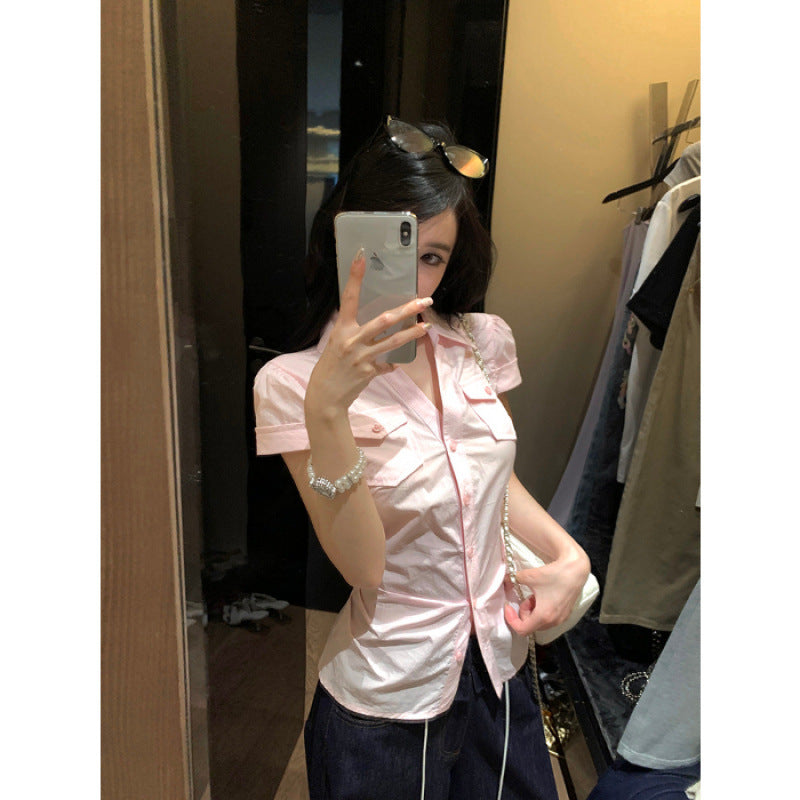 Blue Plaid Cinched Waist Short-Sleeve Shirt Womens Summer Korean Style