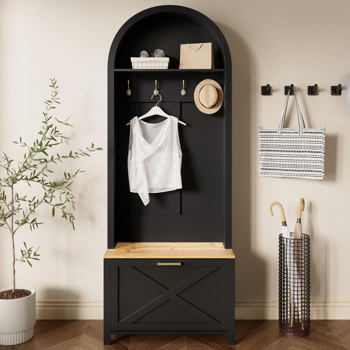 Multifunctional Wardrobe Cabinet With Shoe Rack, Shelf & Hook  Hall Tree For Entrance Area, Durable MDF Body, Modern Design, Sturdy Iron Feet, Practical Storage