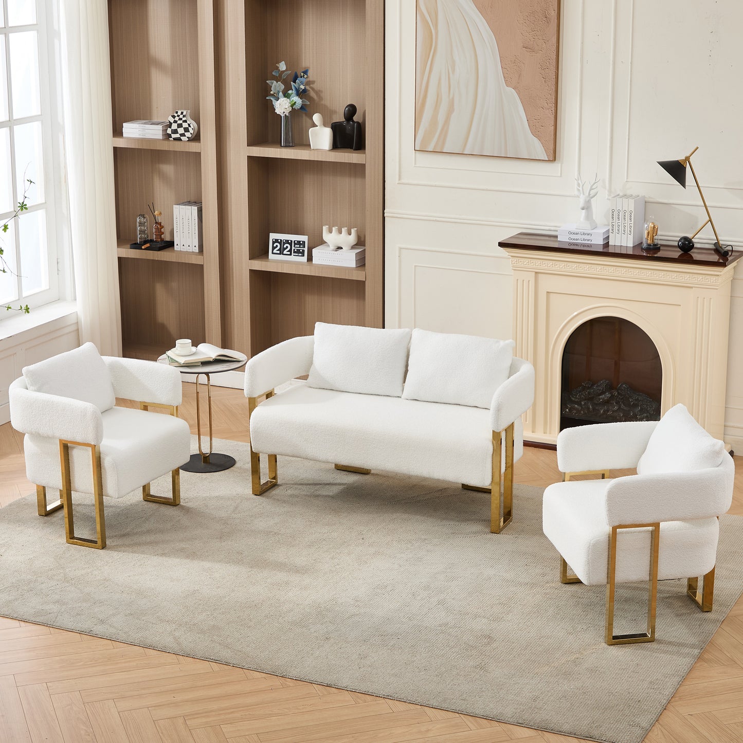 TS Modern Decorative Chair, Living Room Side Chair With Gold Metal Legs, No Wheels, Suitable For Dressing Area, Reception Room, Office,Teddy Fleece Upholstered Metal Foot Sofas  White