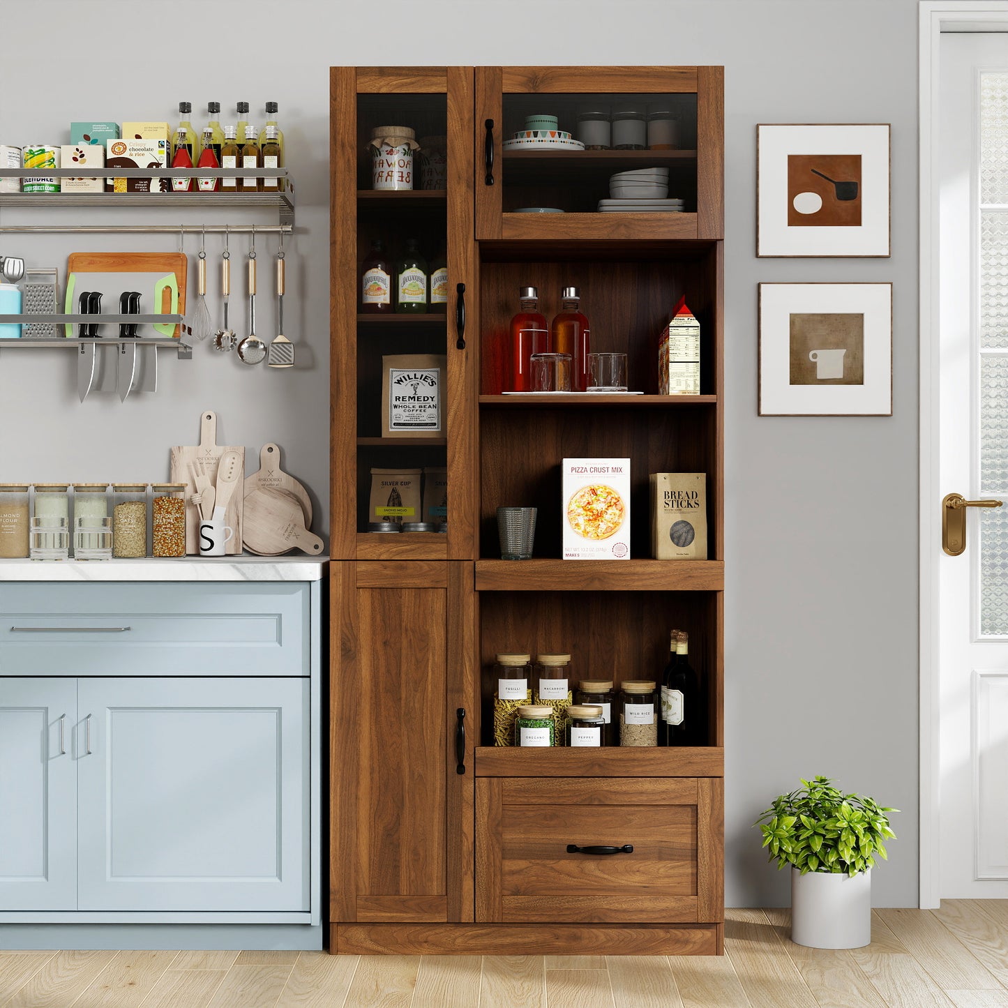 Kitchen Hutch Cabinet  Farmhouse Kitchen Hutch Buffet Cabinet With Microwave Stand, Freestanding Buffet Sideboard Coffee Bar Cabinet