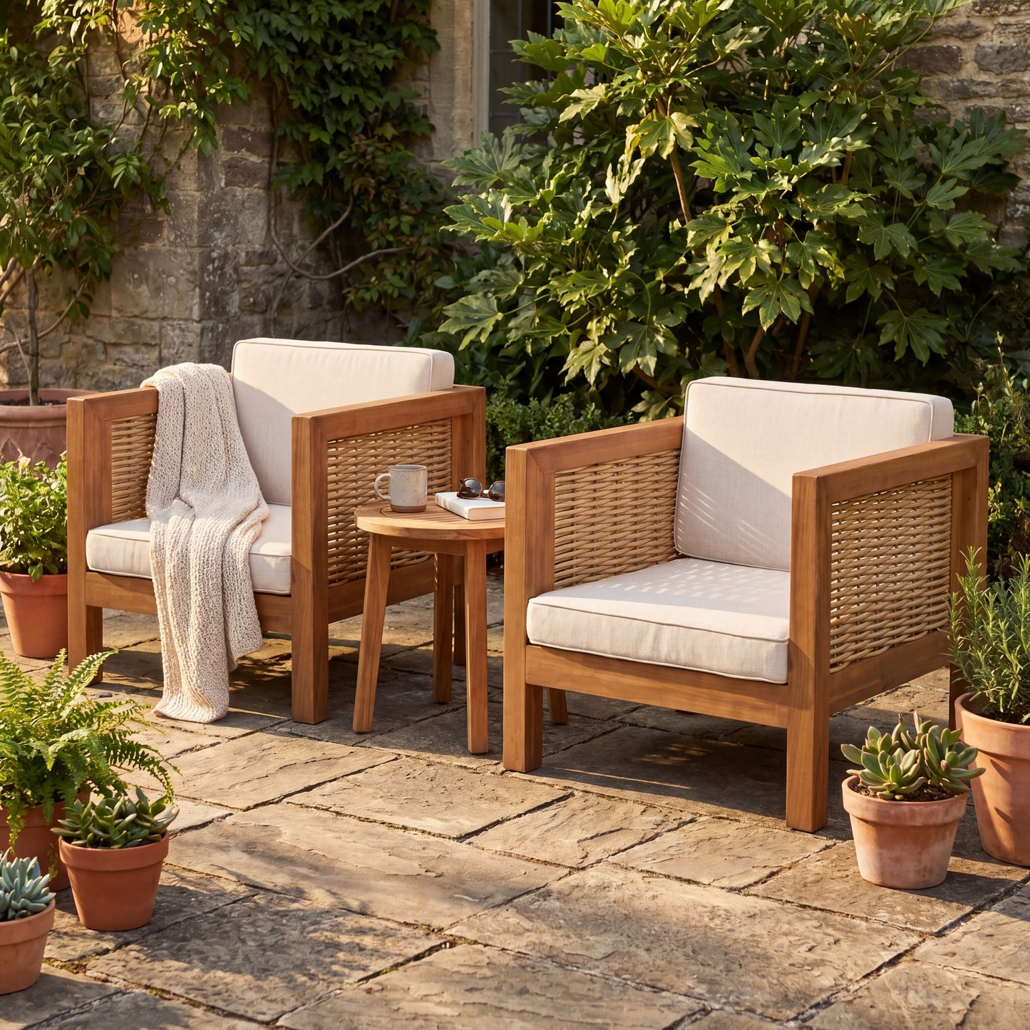 Outdoor Club Chair Set Of 2, Acacia Wood Frame With Wicker Armrest And Beige Cushions,400 Lbs Capacity