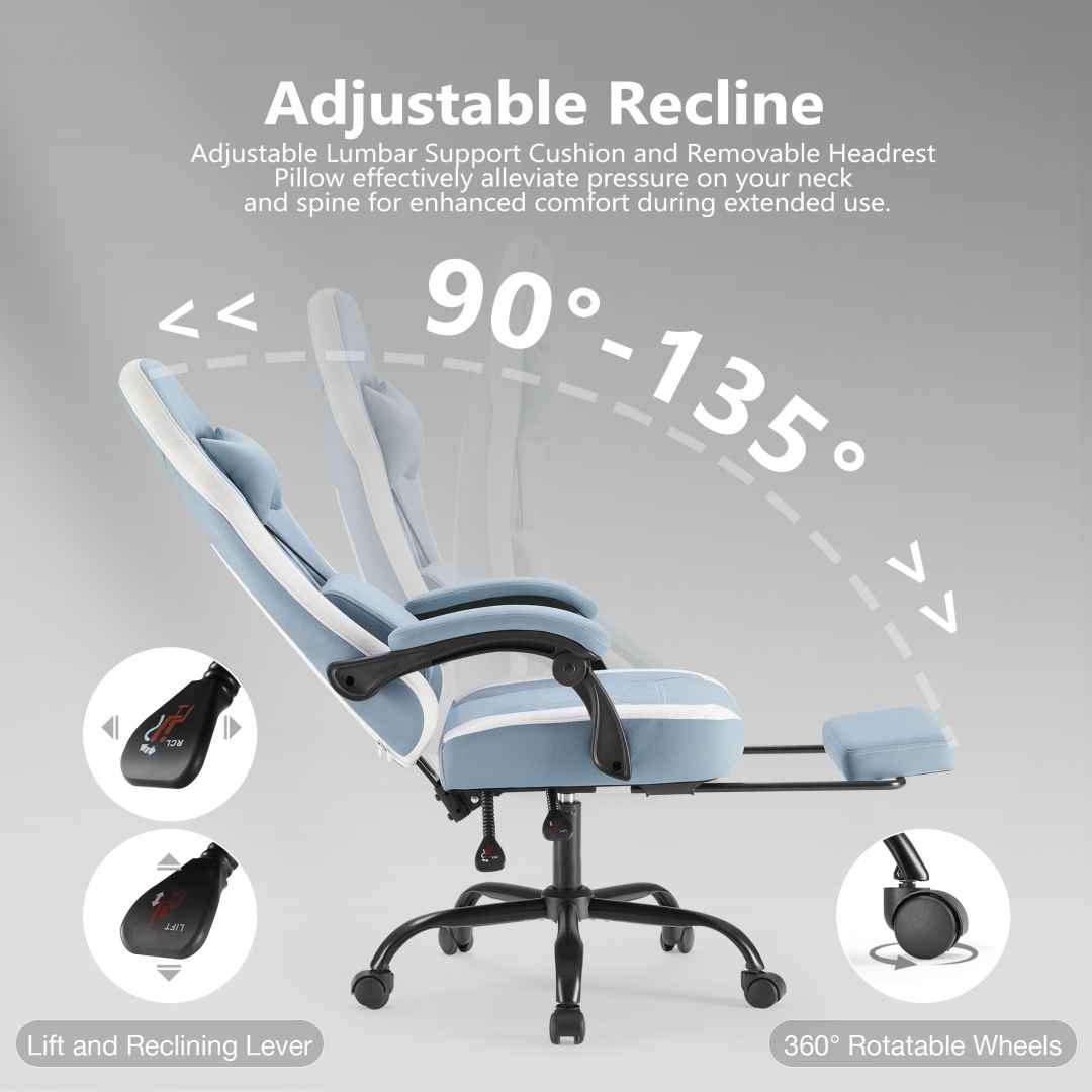 Computer Game Chair - Lumbar Support, Adjustable Height With Armrests And Headrests, 360 Rotating Wheels