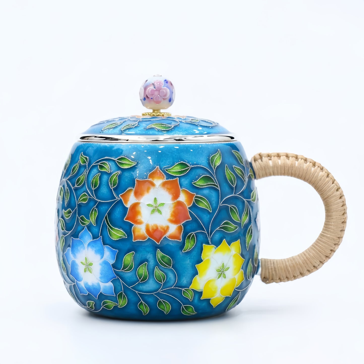 Pure 999 Fine Silver Handcrafted Enamel Teapot with Vibrant Floral Motif and Woven Bamboo Handle-Premium Indigo Tea Mug - Handicraft