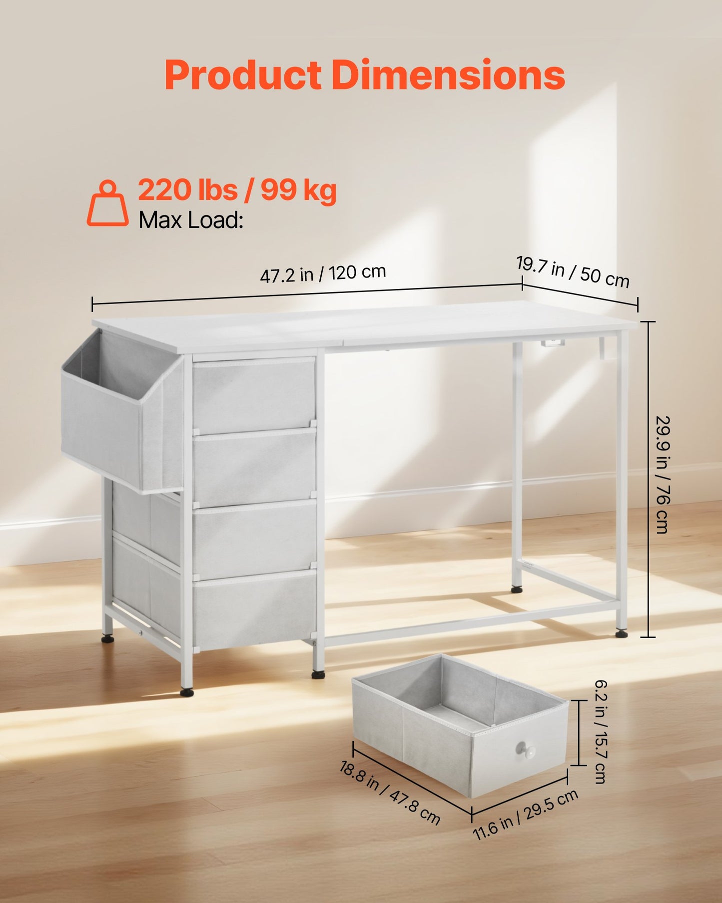 Computer Desk With Fabric Drawers, 120 Cm Reversible Study Work Writing Desk For Modern Home Office Bedroom, Simple Modern Cute PC Table Metal Frame Business Furniture, White