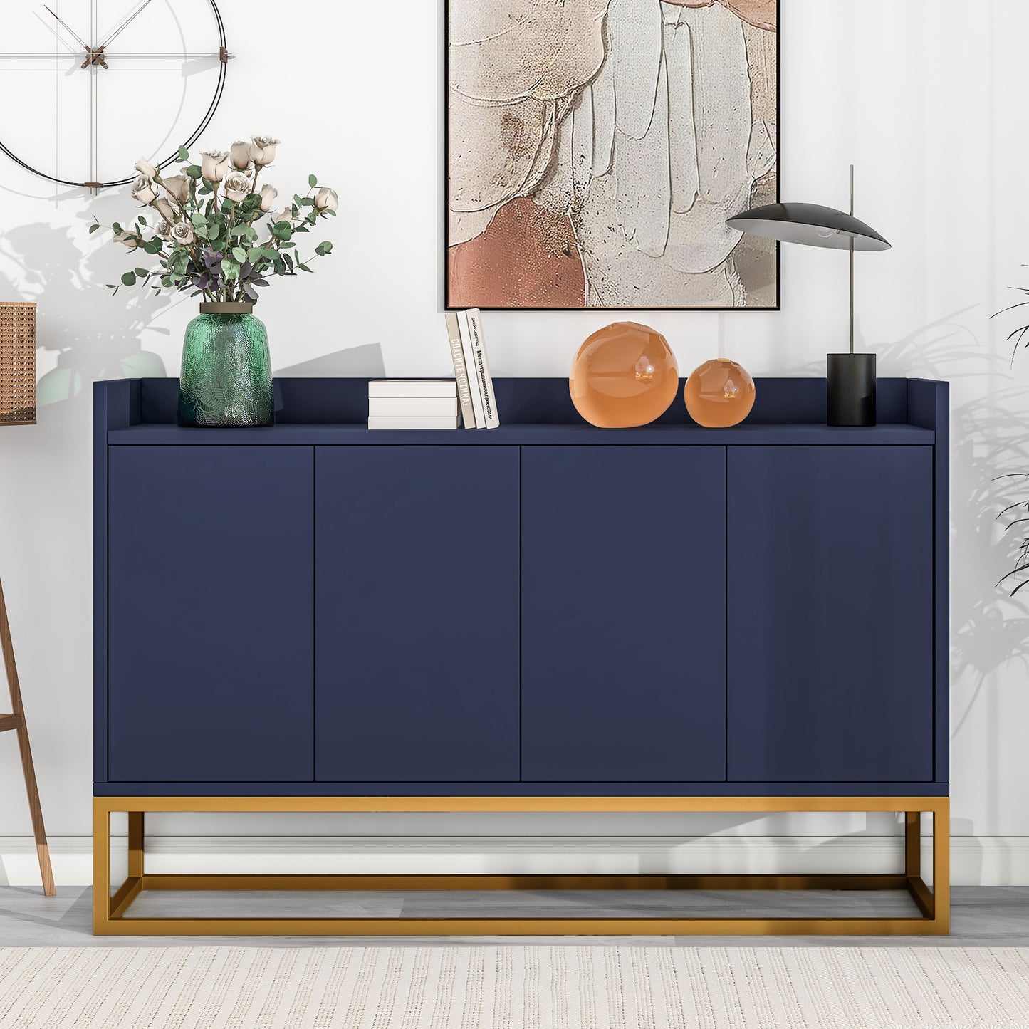 Modern Minimalist Style Sideboard 4 Door Handleless Buffet Cabinet For Dining Room, Living Room, Kitchen  Navy Blue