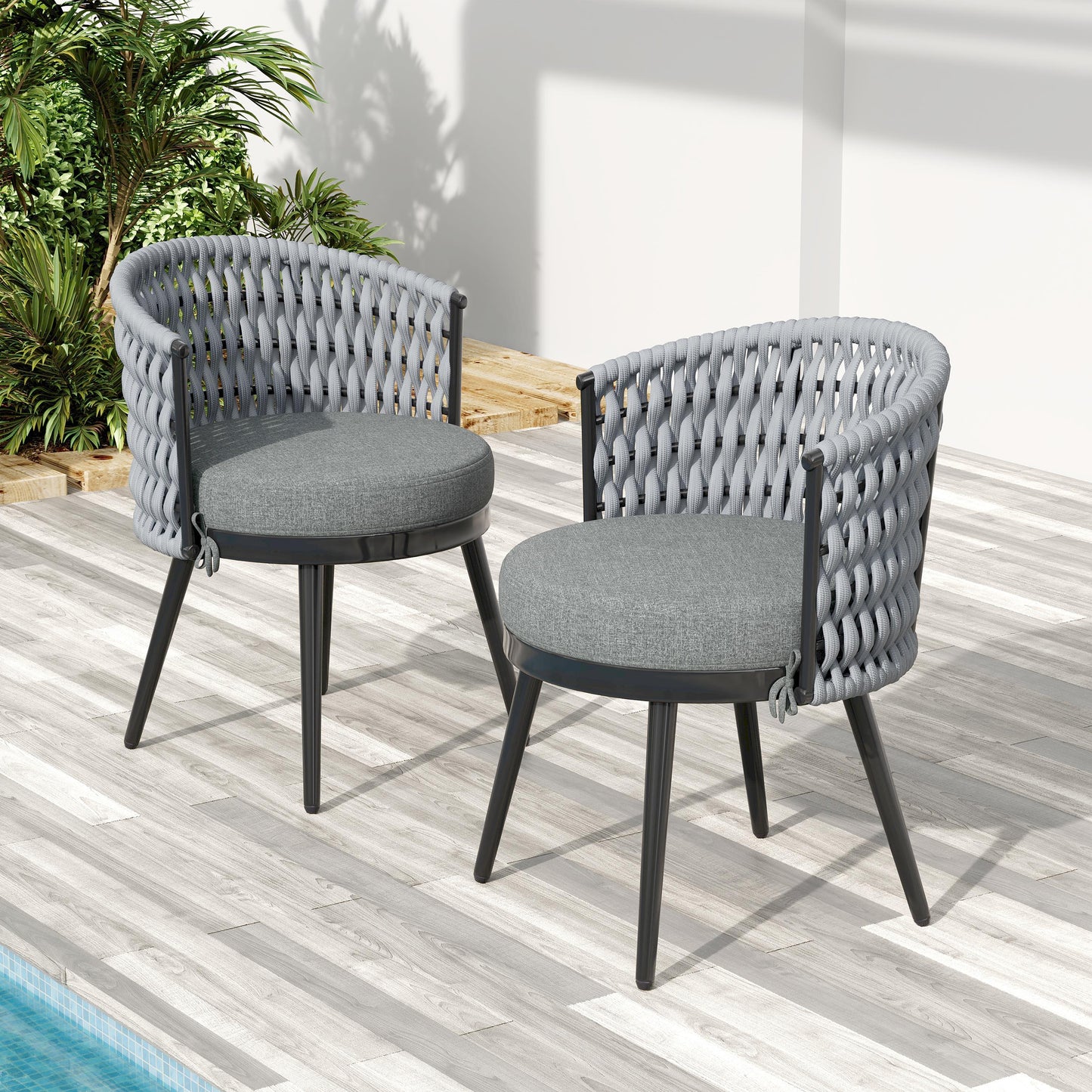 Outdoor Dining Set -Premium Acacia Wood Dining Table & Rope Chairs With Light Gray Cushion For Comfortable Dining Experience,Suitable For Large Gatherings 1 Table   6 Chairs