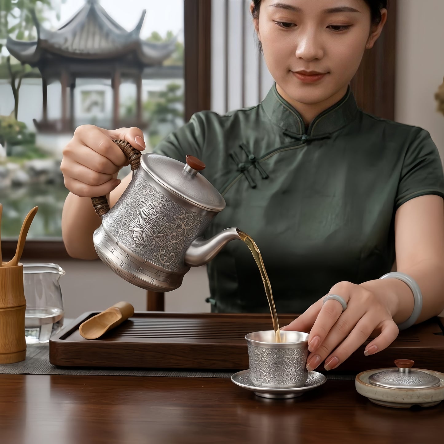 Pure 999 Fine Silver Elegant Metallic Tea Cup with Woven Handle and Floral Engraving-Premium Tea Mug - Handicraft