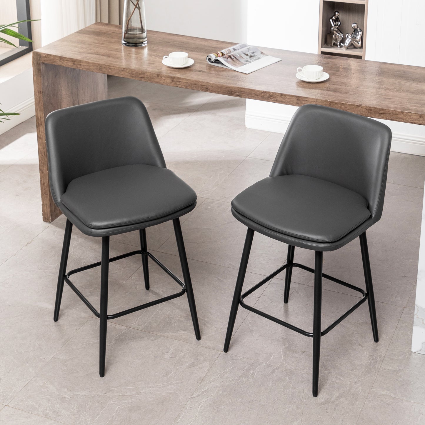 Counter Height Swivel Bar Stools Set Of 2, 360 Swivel Upholstered Barstools With Back And Metal Legs, 25.6 Seat Height,Counter Stools For Kitchen Island And Pub,Faux Leather,Grey