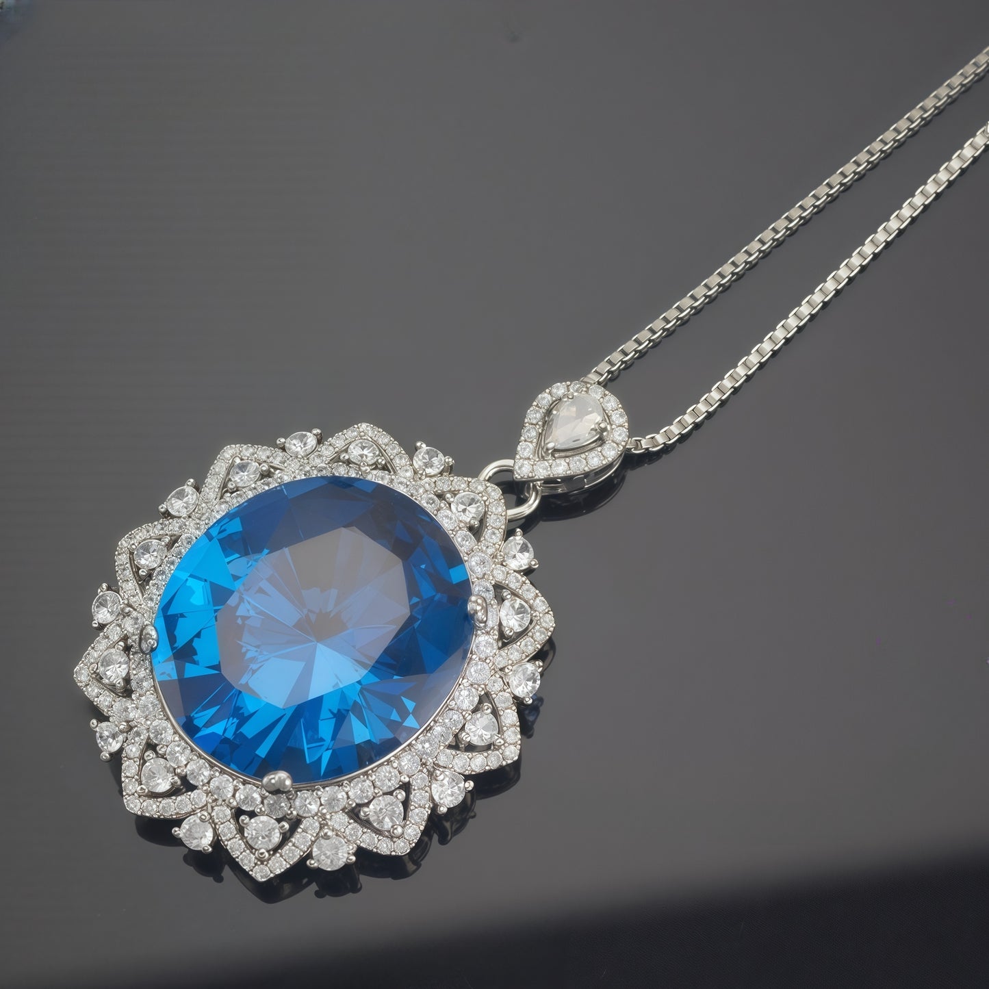 Oval Cut Royal Blue Simulated Sapphire Double Halo Pendant Necklace For Women, Copper Plated Silver White CZ Vintage Floral Halo Wedding Bridal Statement Jewelry Gift