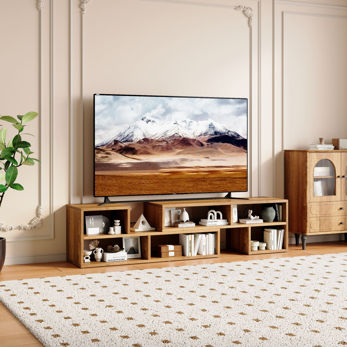 Modular Extendable TV Stand, Rustic Wood Media Console With Open Storage Cubbies, Freestyle Combination Entertainment Center, Adjustable TV Cabinet For Living Room Bedroom Apartment