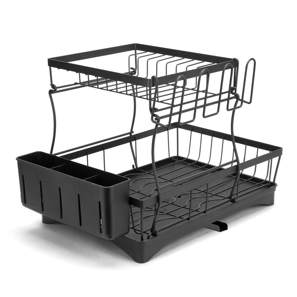 2 Tier Dish Drainer Drying Rack With Cup Holder Cutlery Tray Kitchen Organiser