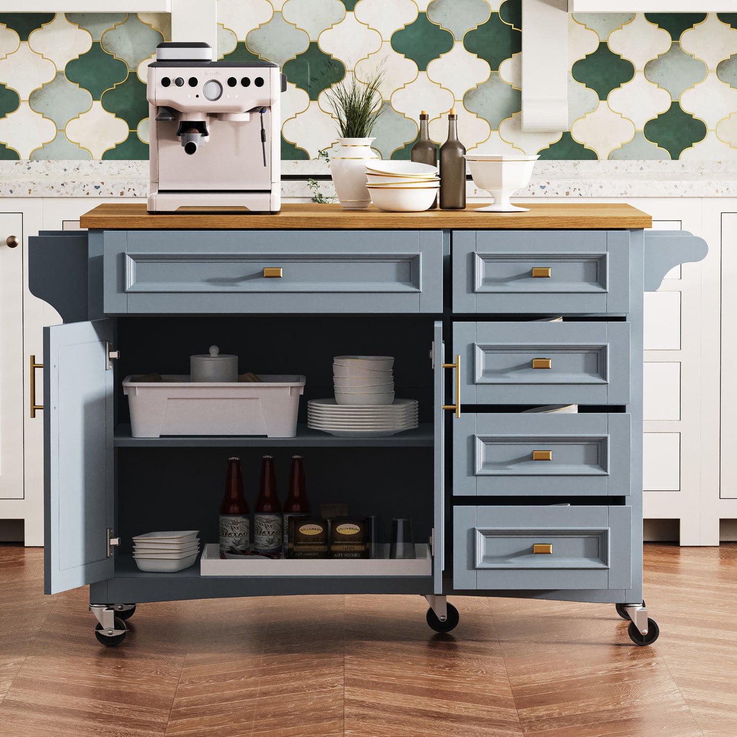 K&K 52   Kitchen Island With Drop Leaf, Embossed Texture Kitchen Island On Wheels With Spice Rack, Towel Rack, 2 Doors And 5 Drawers, Kitchen Storage Cart With Adjustable Shelf For Kitchen, Blue Grey