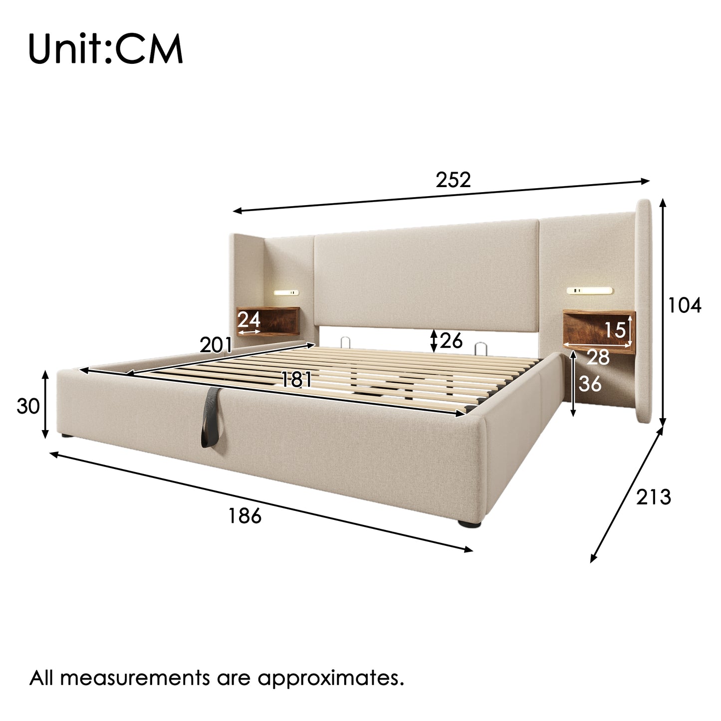 Upholstered Bed Double Bed 180x200 With Bedside Table, Reading Lamp And USB Type-C Charging Function, Bed System Storage Bed Frame With Slatted Base Made Of Solid Wood And Metal, Beige, Linen Without