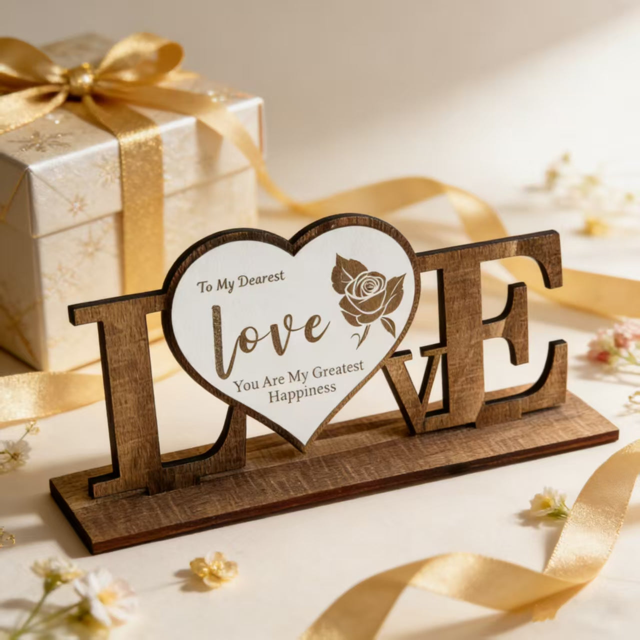 Personalized LOVE Wooden Sign With Rose Engraving,English&German Heart Table Decor,Valentine Anniversary Gift For Couple
