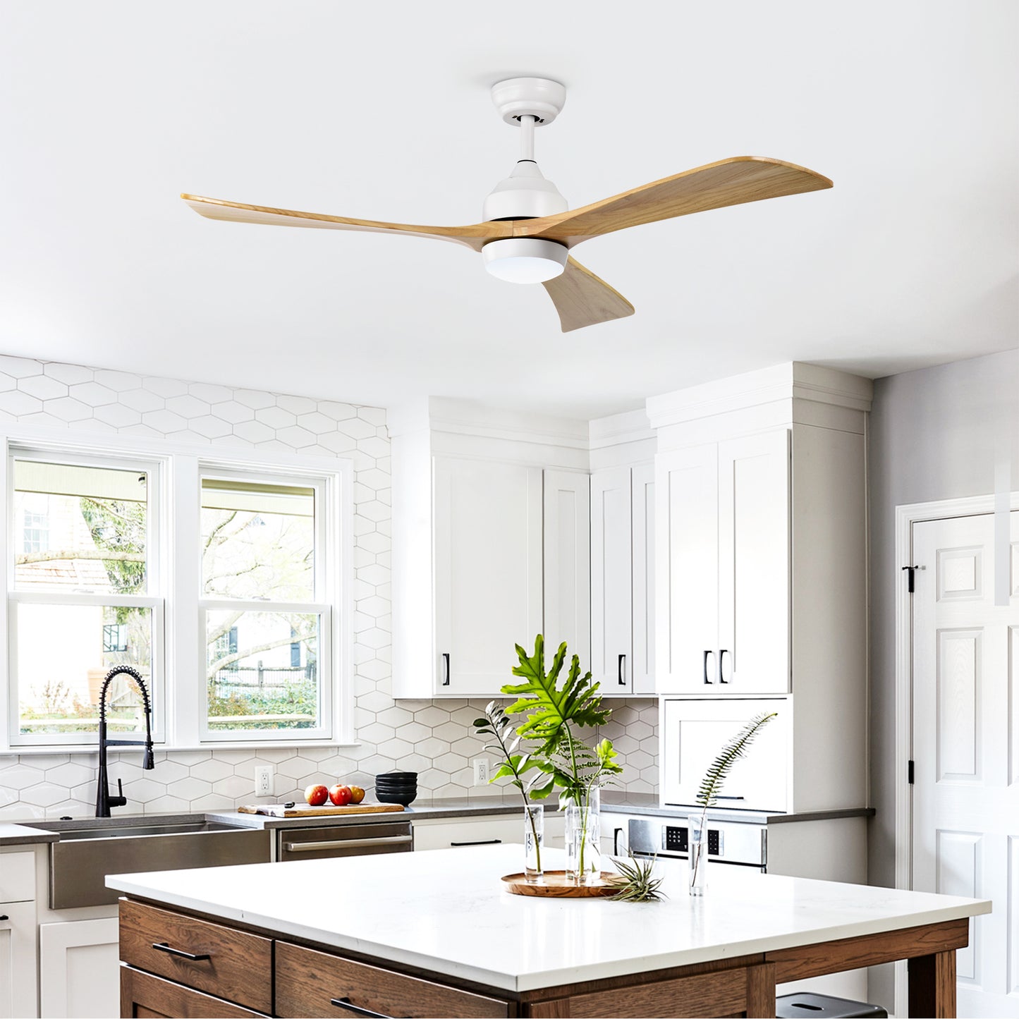 52  Solid Wood Blades Ceiling Fan With Lights Remote Control,Quiet DC Motor 3 Blade Ceiling Fans 6 Speed Levels,Reversible Ceiling Fan, For Patio Living Room, Bedroom, Office,Indoor. White  Natural