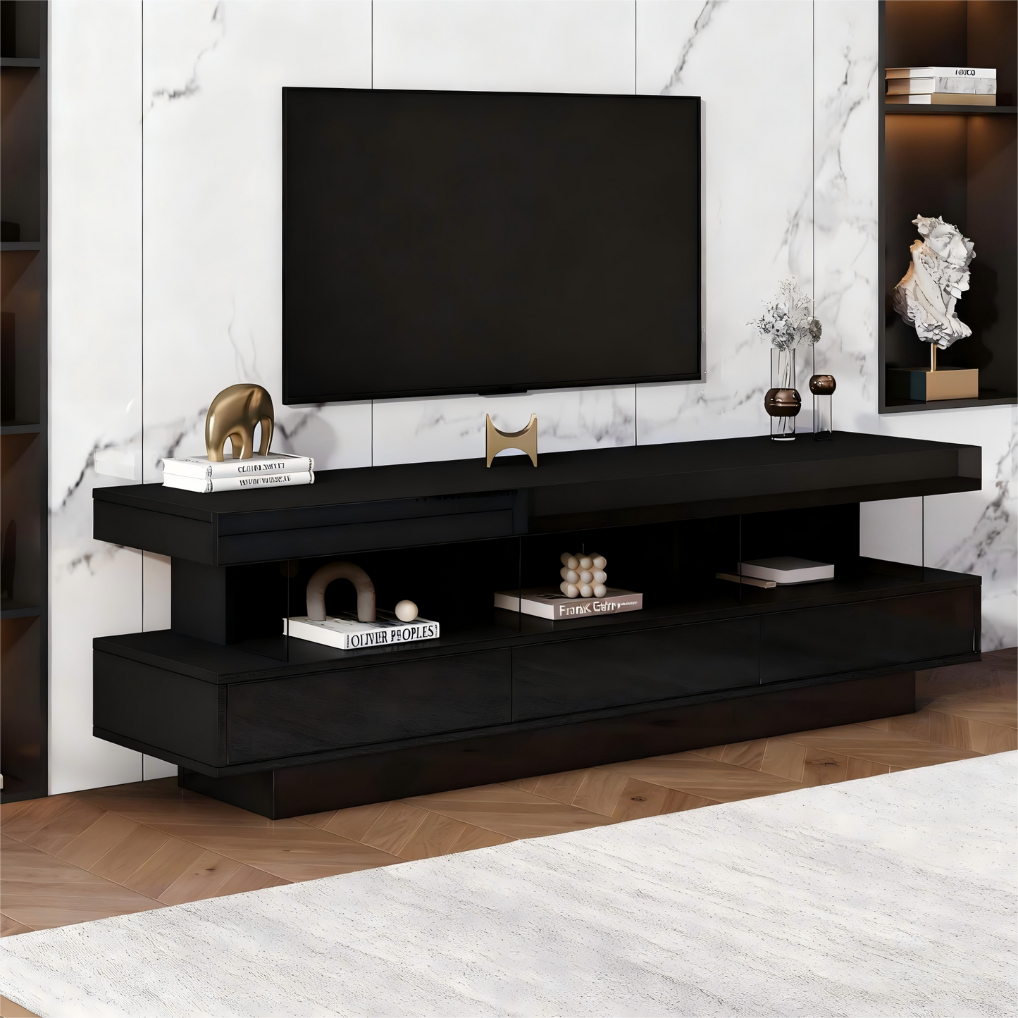 160X38X50.5cm Black High Gloss TV Stand With 3 Glass Shelves, LED Lighting, App Control, Bluetooth Connectivity For 70 Inch TV, High Gloss Glass TV Stand, Smart TV Stand
