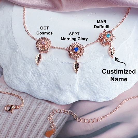 New 12 Birthday Flower Birthstone Name Rotating Necklace