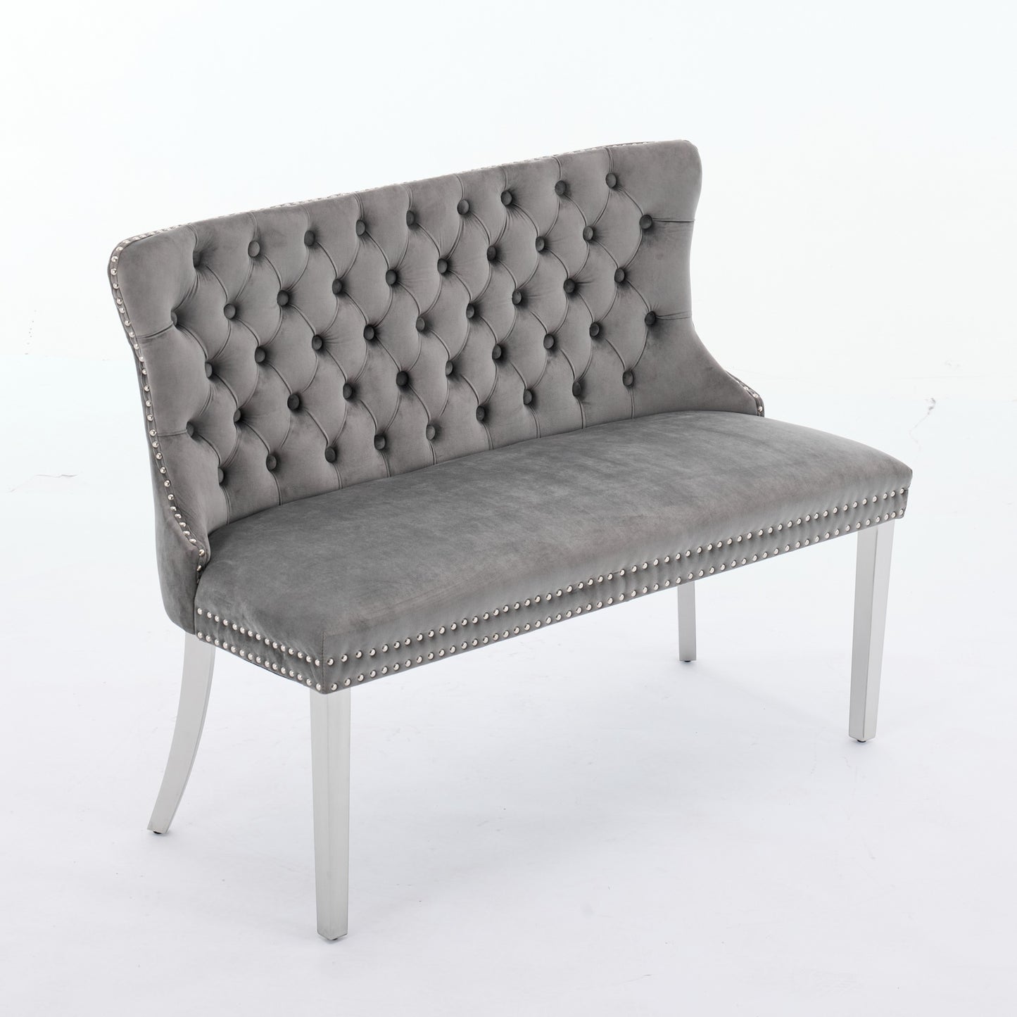 Velvet Double Dining Loveseat Bench, Kitchen & Dining Seating, 2-Seat Tufted Bench W Handmade Buttons, Wing Back, Brushed Silver Stainless Steel Legs, Mid Century Modern,Single Pack,Gray,DE1702GY