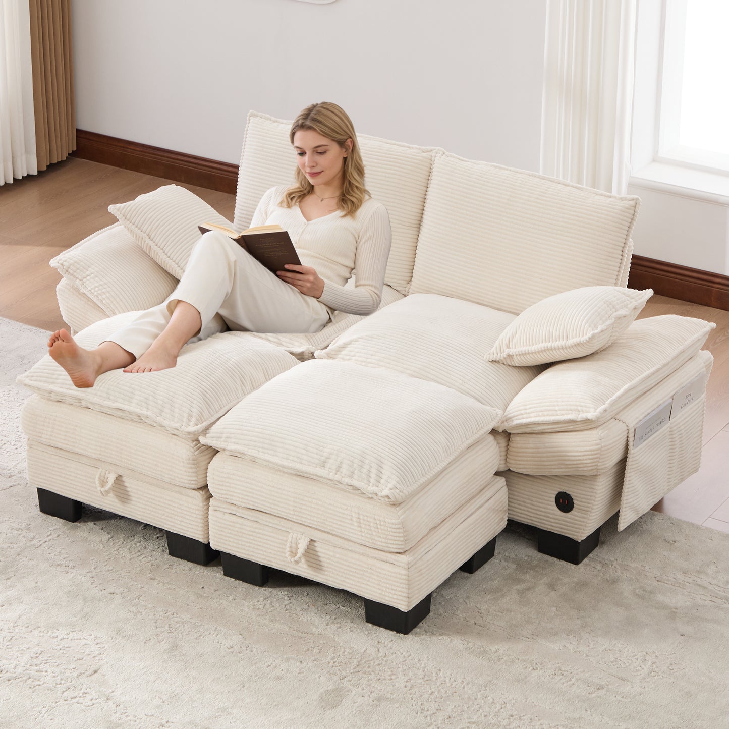 Modular 2-seater Corduroy Sofa  With 2 Stools  Wide Seat, Ergonomic Design, High-density Foam Padding, USB-C Port And Side Pockets. Ideal For Living Room, Office Or Lounge