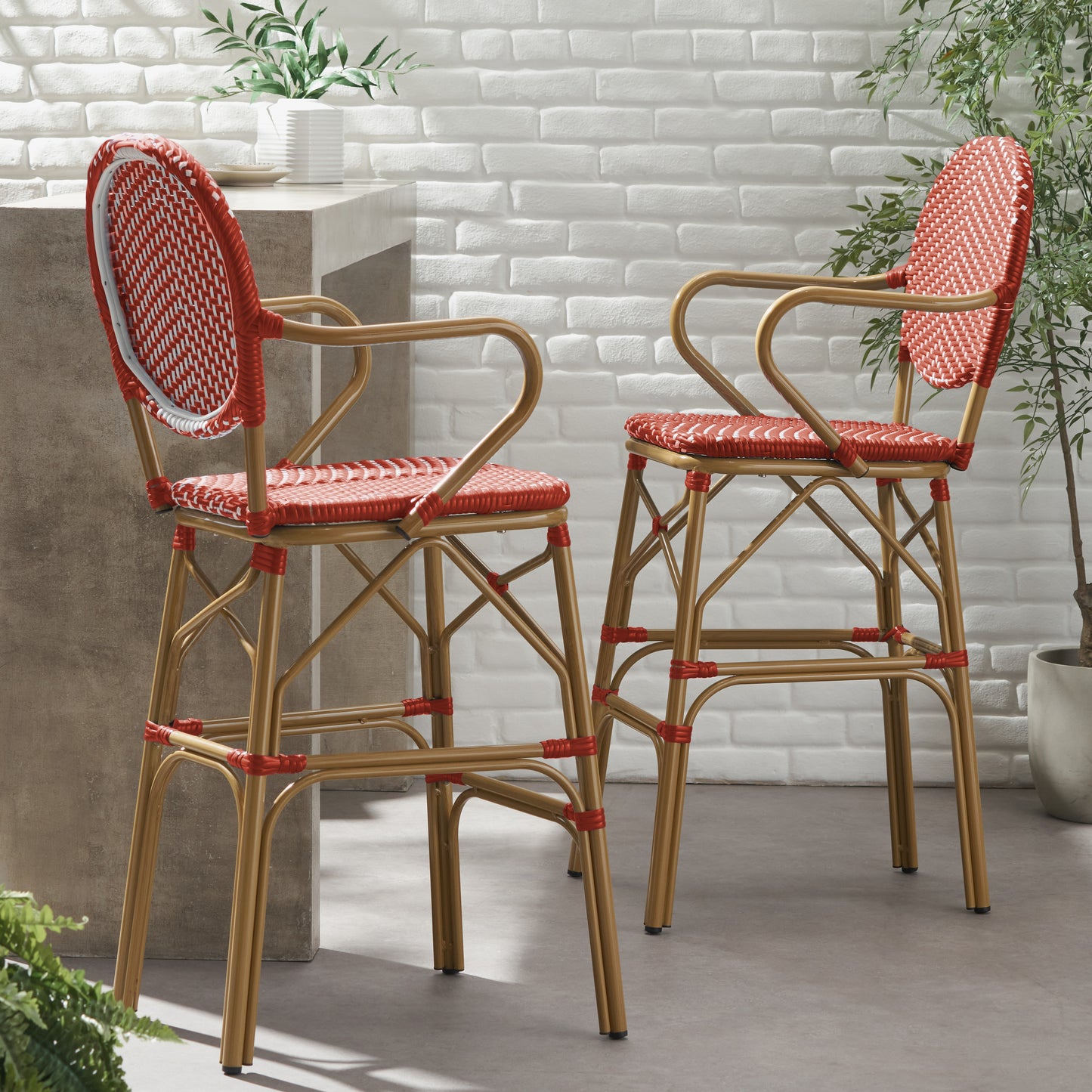 Outdoor Wicker And Aluminum 29.5 French Barstools, Set Of 2, Red, Bamboo Print Finish