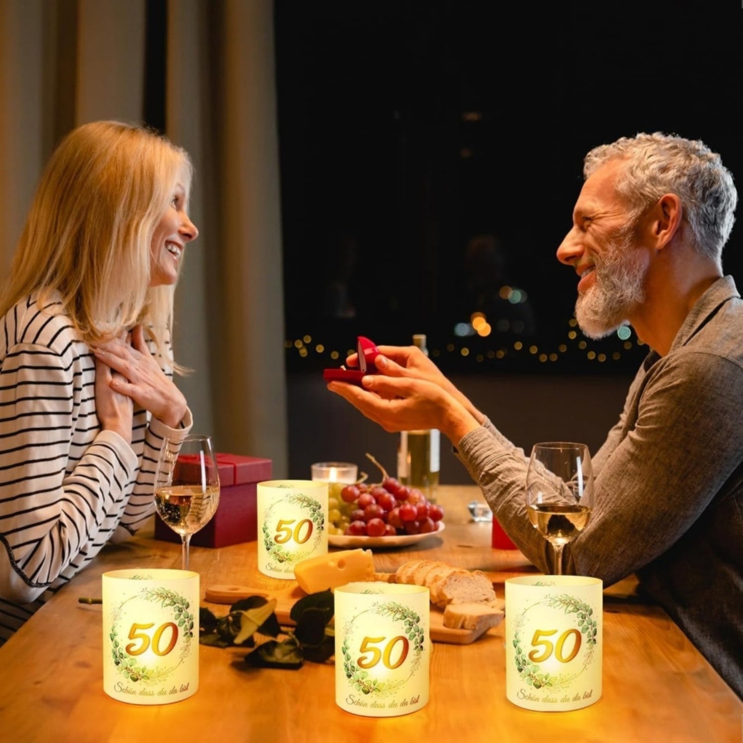 12-Piece Set Of Table Lanterns For Golden Wedding Anniversary, 50th Anniversary, Husband And Wife Table Decor, Green Eucalyptus, “So Glad You’re Here” Gold Wedding Anniversary Party Decor For Candles