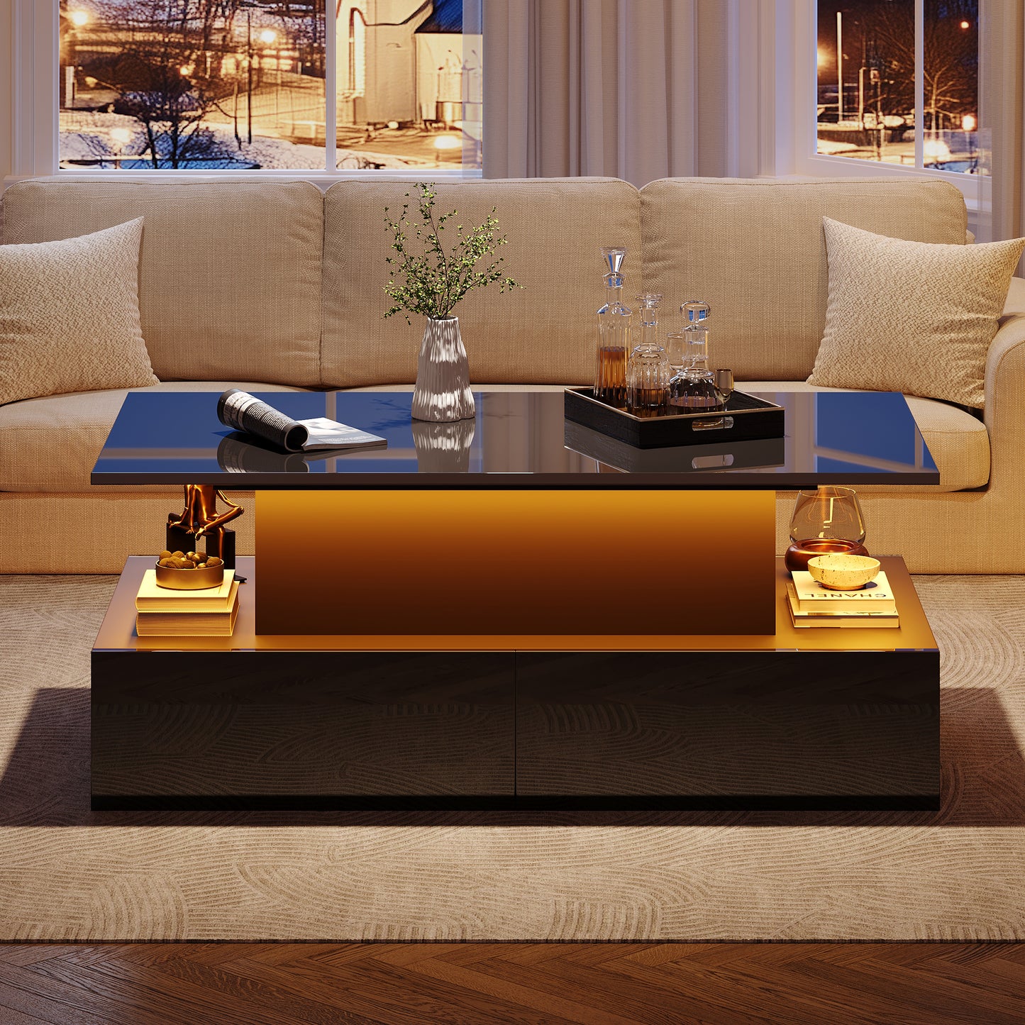 Modern Black High Gloss Coffee Table With LED Lighting And 4 Drawers - Stylish Side Table 90x55x41 Cm With Storage For Up To 30 Kg