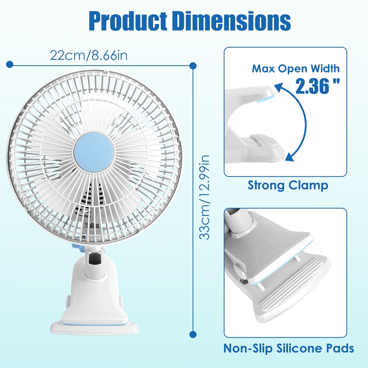 8.66In Oscillating Clip On Fan 2 Speeds Quiet Clamp Fan With 90 Degree Oscillating & Tilting Angle Desktop Wall Mount For Home Office Dorms Strollers