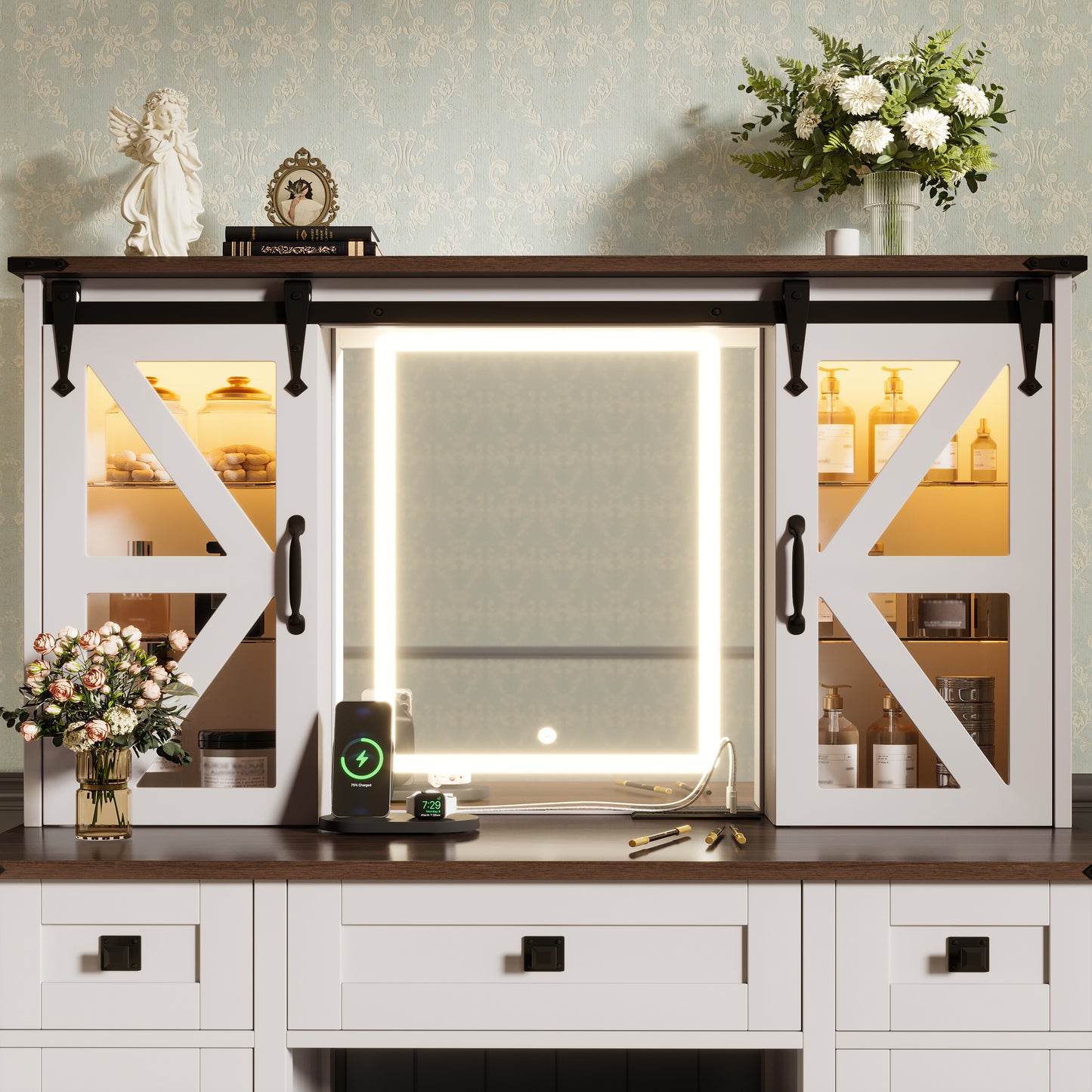 43.3 Farmhouse Makeup Vanity Desk With Lighted Mirror, Vanity Table Set With Storage Stool And Charging Station, Dressing Table With Sliding Barn Door Hidden Shelves & 3 Drawers & 4 Cabinets, Beige