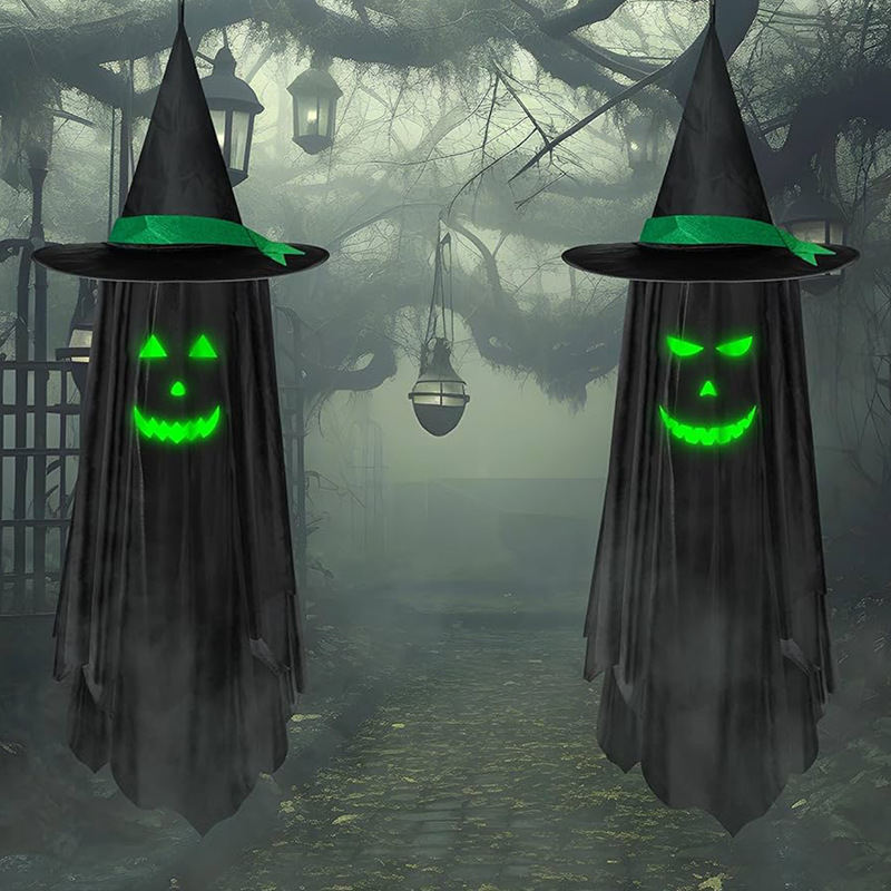 Halloween Glow-in-the-Dark Wizard Hat Ghost Pendant Outdoor Yard Decoration Scene Atmosphere Door Hanging