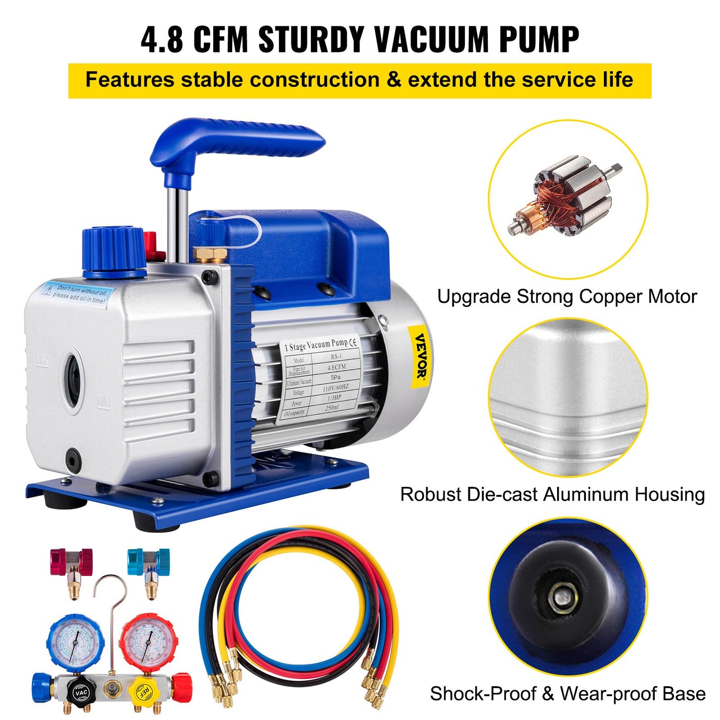 Suction Pump 4.8CFM 1/4 HP Single Stage For HVAC A/C Cooling Systems, 5PA Ultimate Vacuum, Manifold Gauge Kit R410A R134A R22, Includes 4-Way Gauge & Hose