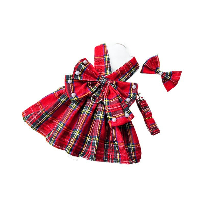 Pet JK-style Plaid Dog Dress With Leash Accessories