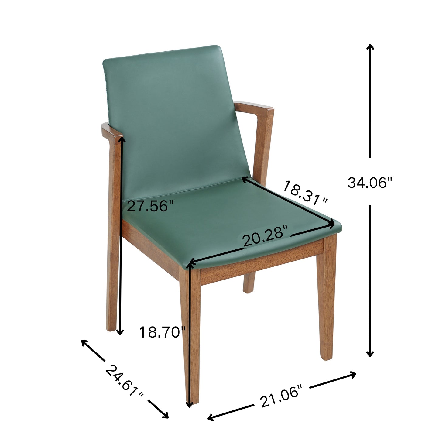 Mid-Century Modern Dining Chairs Set Of 2 - Green PU Upholstered Armchairs With Walnut Color Rubber Wood Frame, 250lbs Capacity For Kitchen & Dining Room