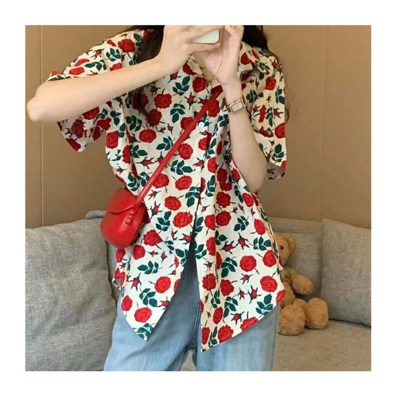 Casual Printed Korean-style Short-sleeve Shirt Top For Women