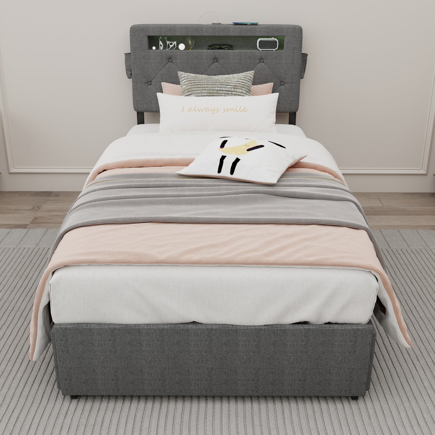 Twin Bed Frame With USB Charging Station & LED Lights, Twin Bed Frame With Headboard & 4 Storage Drawers, D