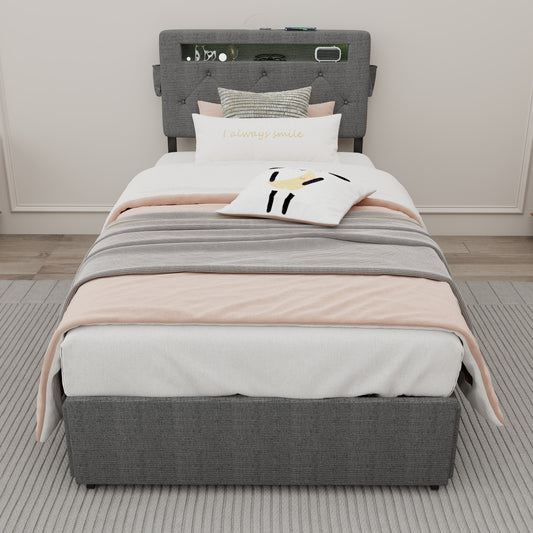 Twin Bed Frame With USB Charging Station & LED Lights, Twin Bed Frame With Headboard & 4 Storage Drawers, D