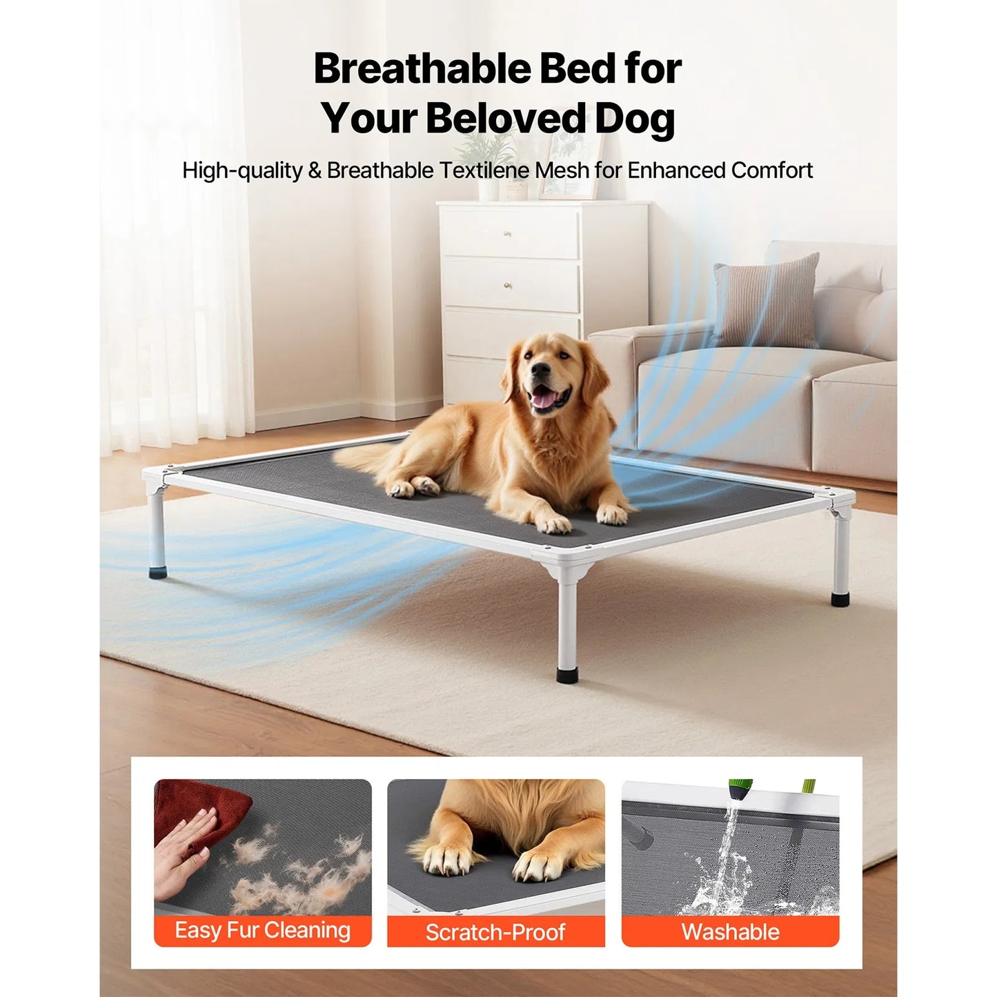 Elevated Dog Bed For Large Dogs XL, Raised Dog Bed Cot With Aluminum Frame, Breathable Textilene Mesh Dog Bed, Indoor & Outdoor Cooling Dog Bed With Washable Pillow, Heavy Duty Portable Pet Cot, Grey
