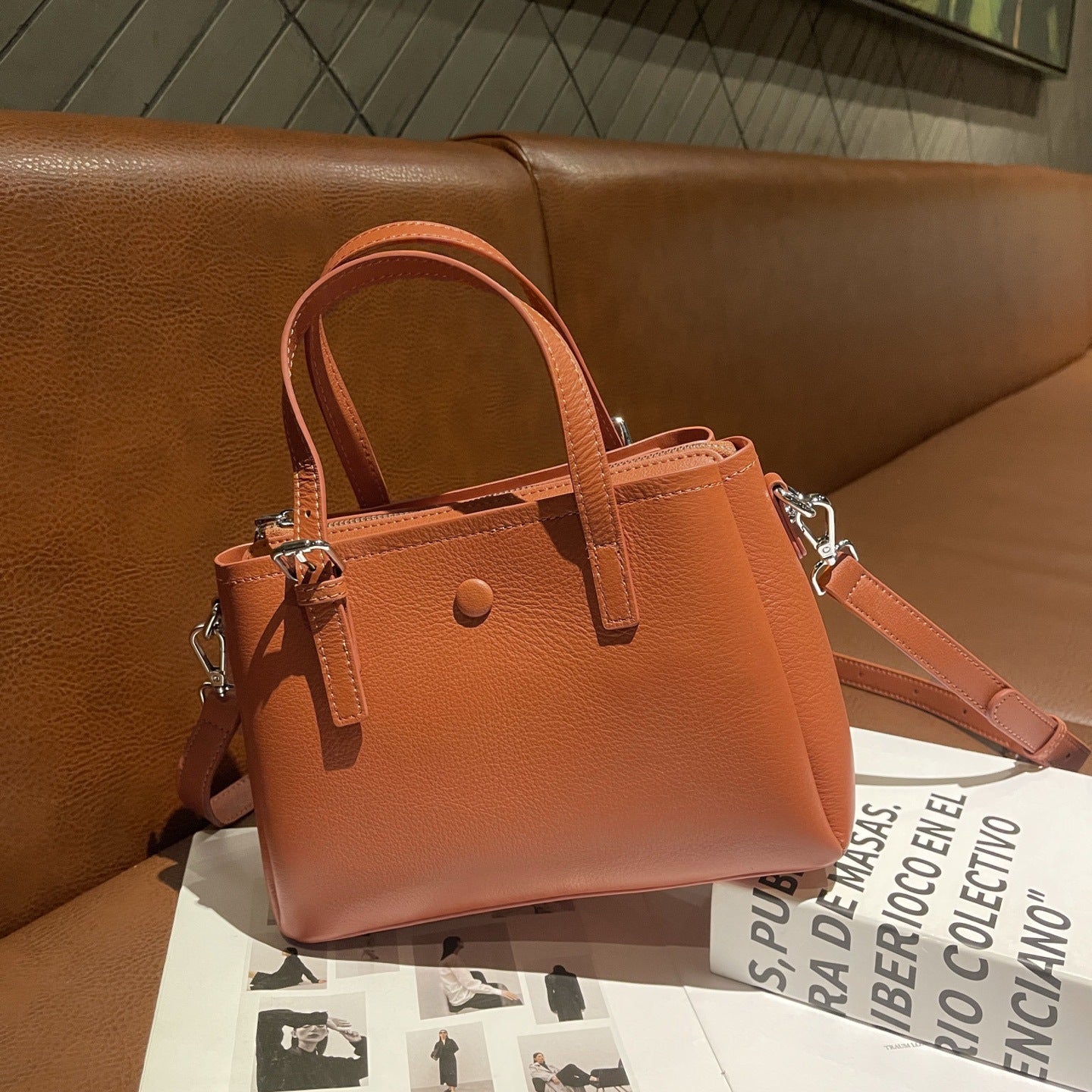New Cross-Border Genuine Leather Handbag For Women, High-End Feeling Shoulder And Crossbody Bag, Commuter Large-Capacity Square Bag