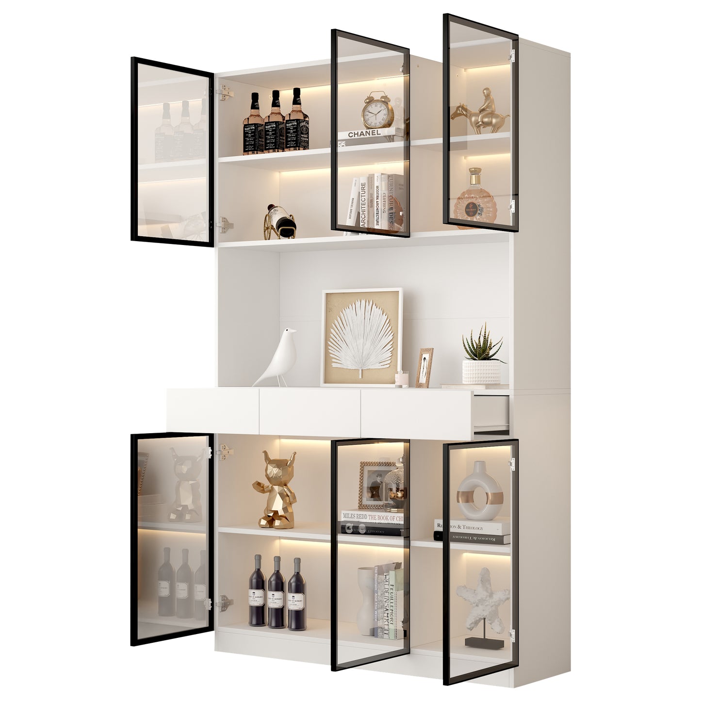 Glass Cabinet Door, 200cm High, White Display Cabinet With LED Lights, Multi-storage Bookshelf For Collections, Bedroom, Living Room, Office, White - Black Door Frame