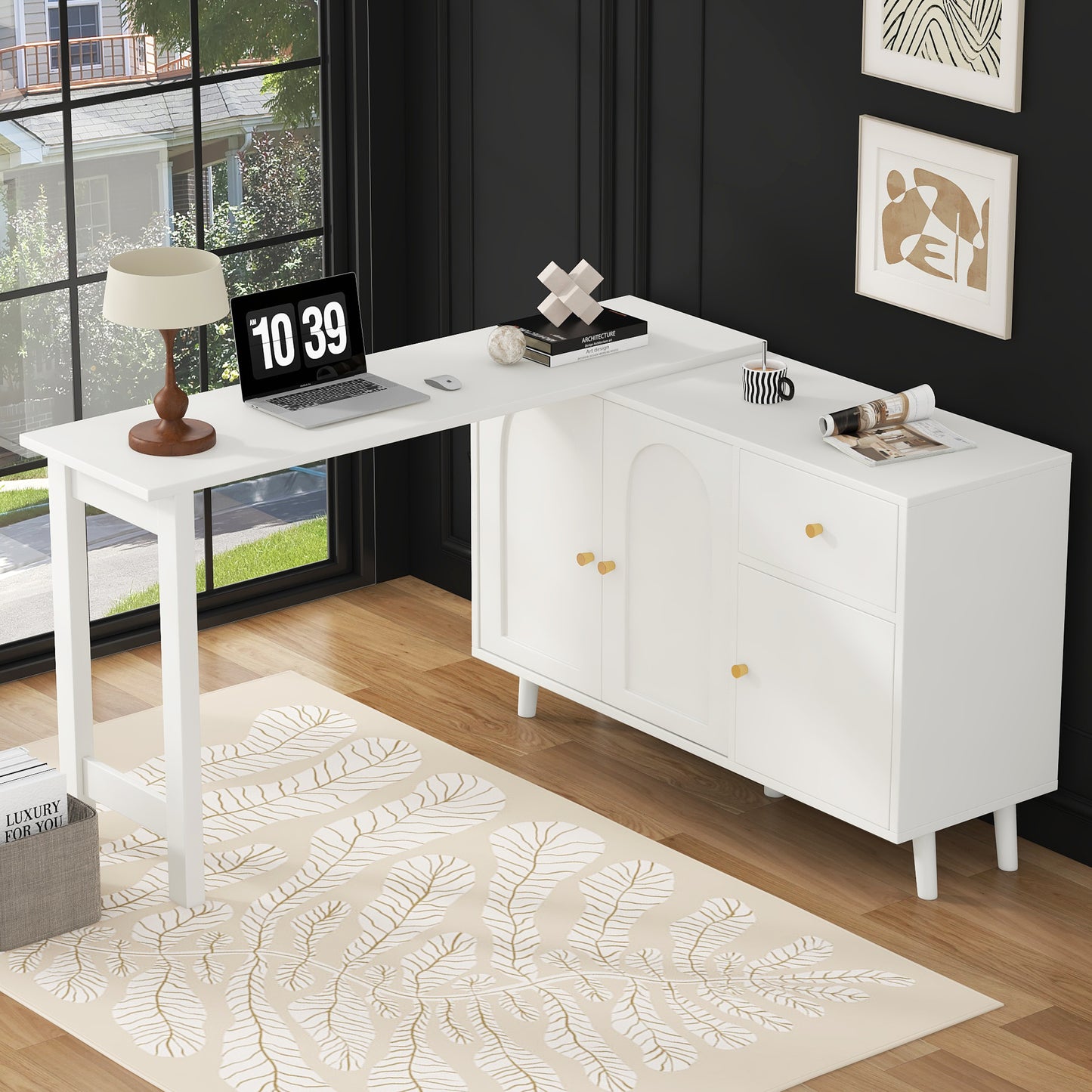 Multifunctional 2 In 1 Desk And Sideboard  360 Swivel, 3 Doors 1 Drawer  Elegant Computer Desk, Corner Desk, Dressing Table, Desk, Sideboard