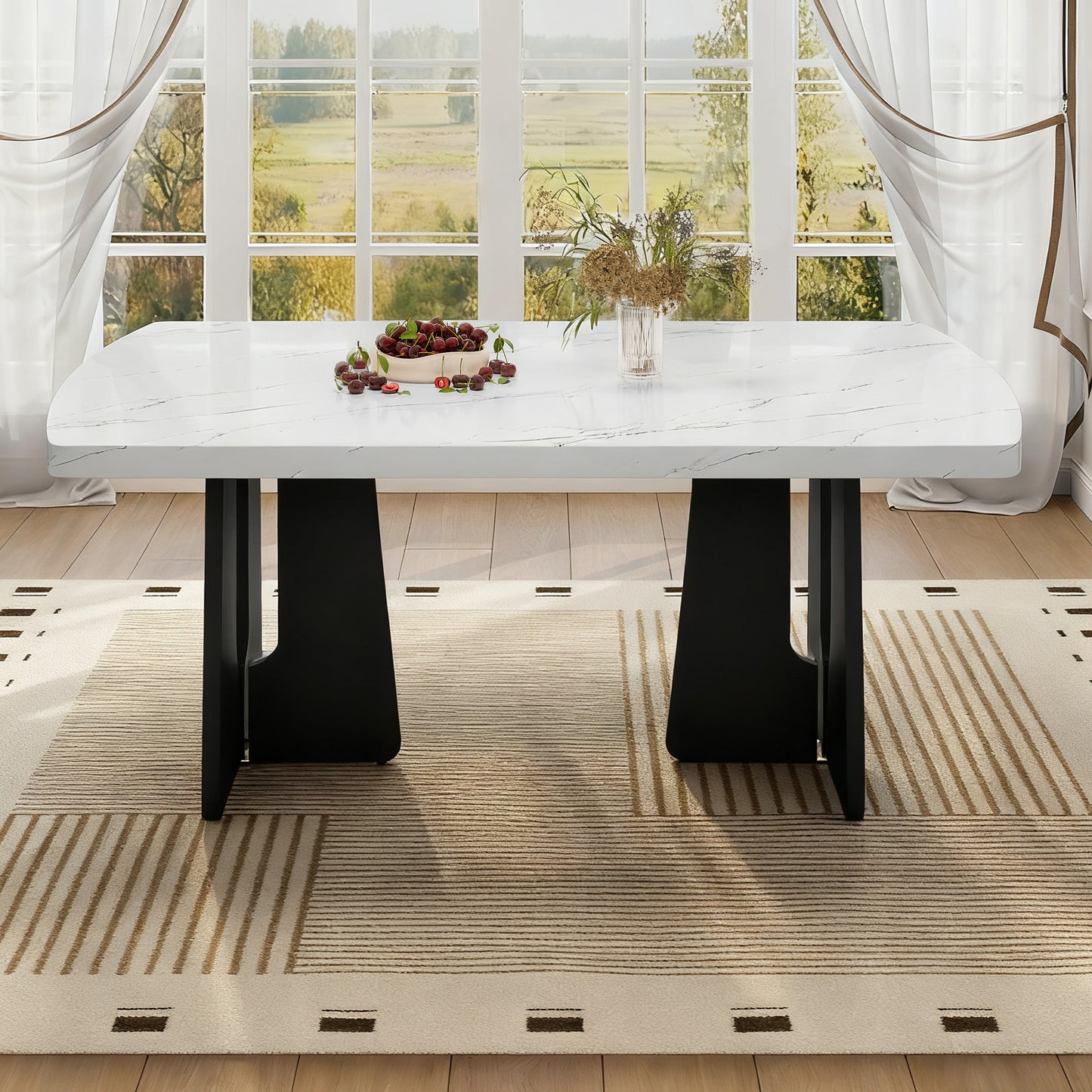 63  Modern Faux Marble Dining Table - Black White Marble Top With Sturdy Geometric Legs, Stylish Kitchen & Dining Room Table For Home, Apartment, Office, Easy To Assemble, White Black