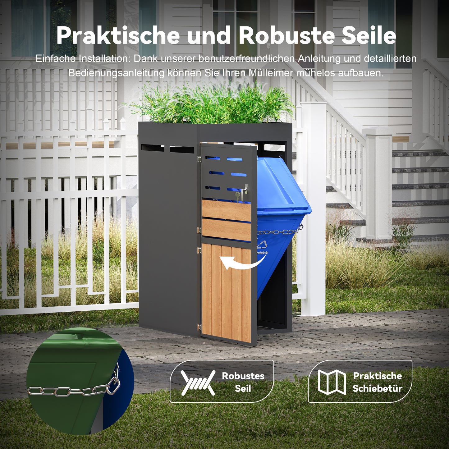 Multifunctional Outdoor Cabinet With Integrated Planter, Louvered Ventilation And Galvanised Steel Frame  Lockable Doors With Safety Chain For Storage & Garden Decoration, Without Waste Bin