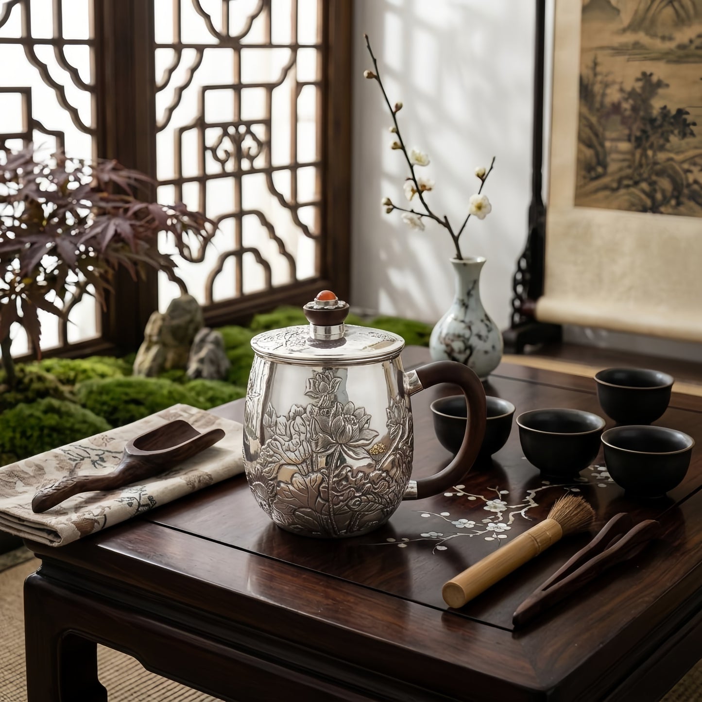 925 Sterling Silver Hand-Engraved Sterling Silver Lotus Tea Mug with Wooden Handle and Carnelian Lid Inlay - Handicraft