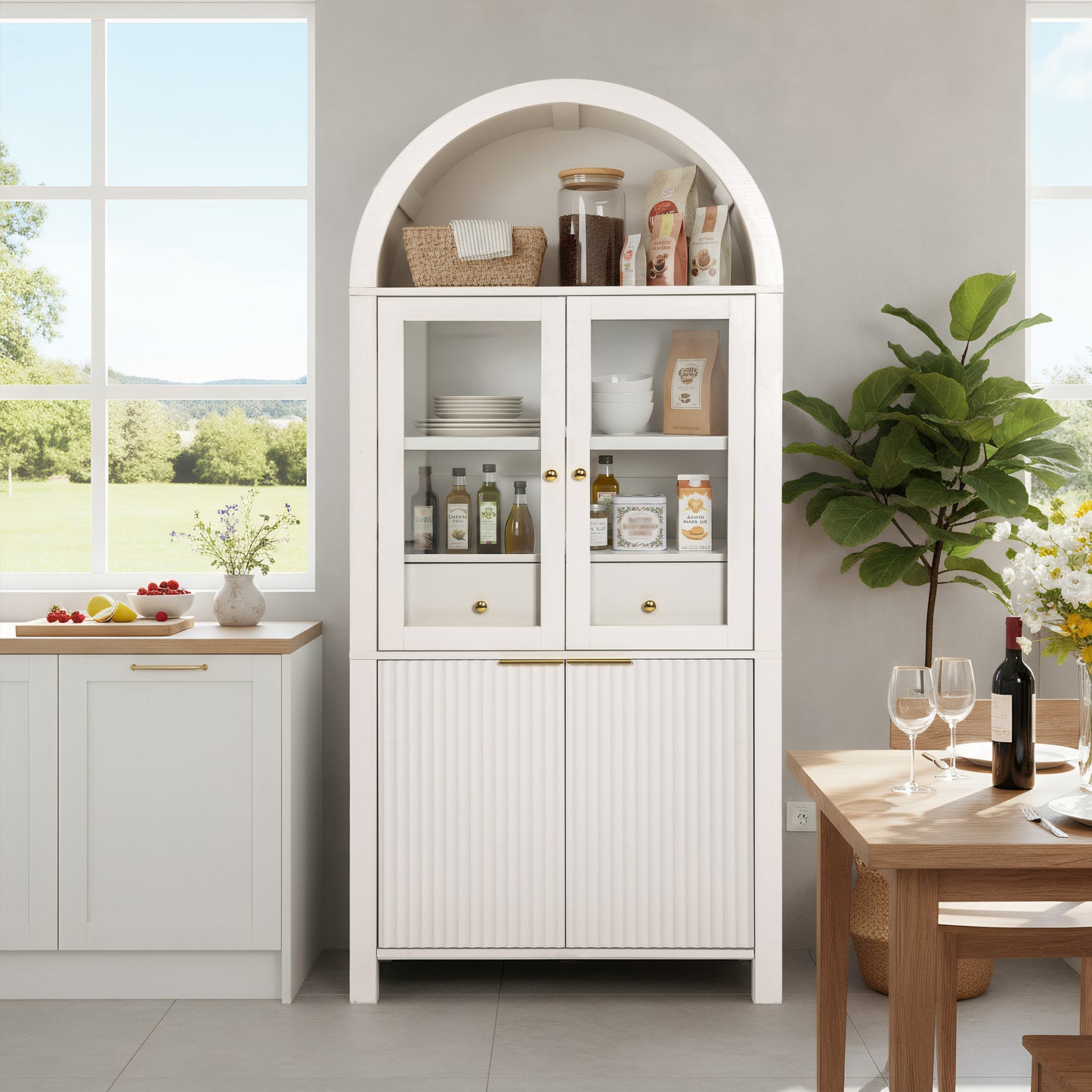 71  Fluted Tall Arched Pantry Cabinet With Adjustable Shelves, Elegant Display Storage With Hidden Drawer & Glass Door For Kitchen, Living Room, Dining Room, White