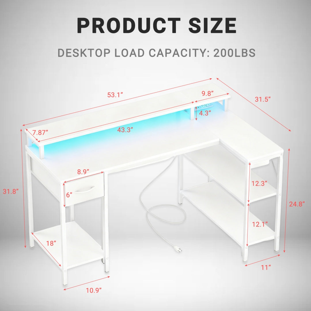 53-inch Gaming Table With USB Charging Port And LED Light, Reversible L-shaped Table With Power Socket And Monitor Stand